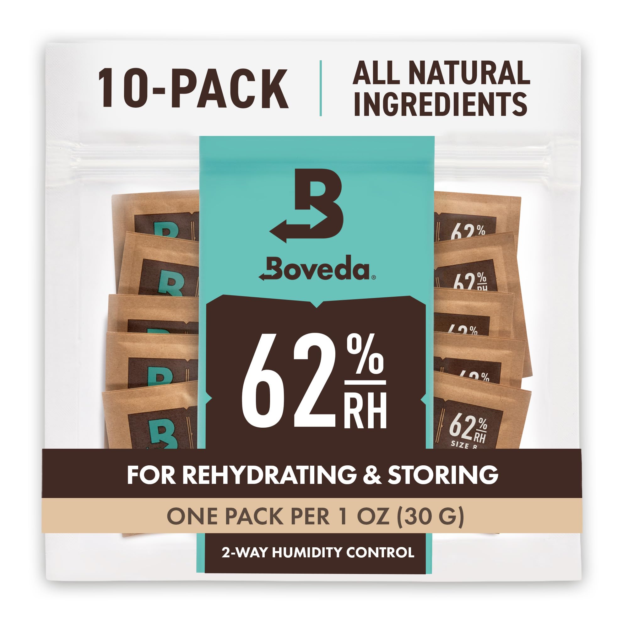 Boveda 62% RH Size 8-10 Pack Two-Way Humidity Control Packs - for Storing 1 oz - Moisture Absorber for Small Storage Containers - Humidifier Packs - Hydration Packets w/Resealable Bag