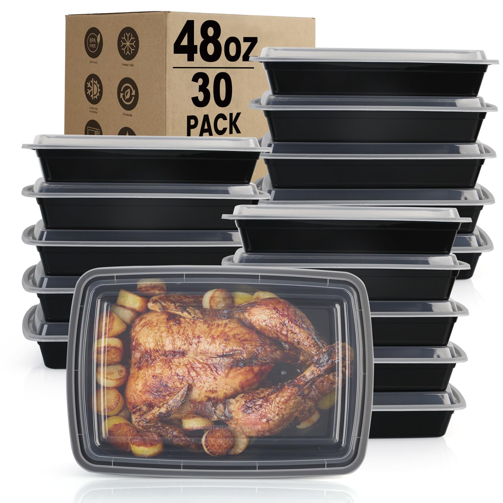 Meal Prep Containers Reusable - 48oz Food Storage Containers with Lids 30 Pack, To Go Food Containers for Meal Prep, Disposable To Go Container with Lids, BPA Free, Microwave/Dishwasher/Freezer Safe
