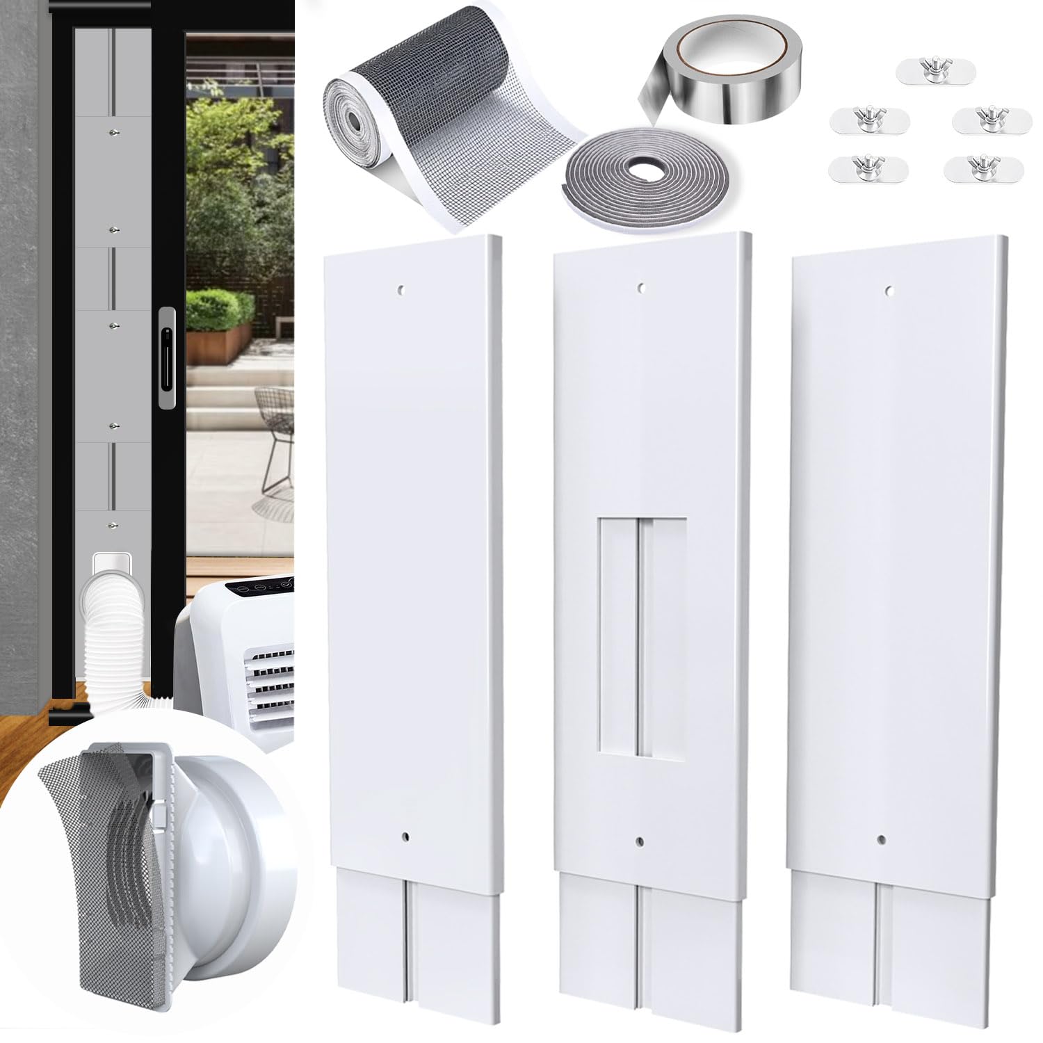 Universal AC Sliding Door Vent Kit for Portable Air Conditioners - Fits 5.1"/5.9" Hoses, Adjustable Vertical Sliding Doors Up to 95", Durable PVC w/Filter & Seal