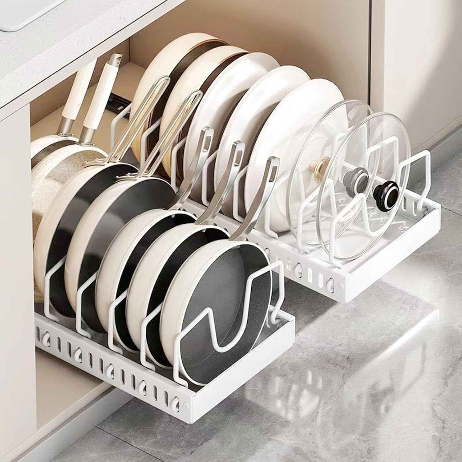2 Pack Pull Out Pots and Pans Organizer for Cabinet & Countertop, Kitchen Cabinet Organizer with 8 Adjustable Dividers, Storage for Pot Lid, Dishes, Bakeware, White