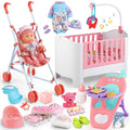 Baby Doll Crib and Stroller Accessories Play Set with 11" Baby Doll,Dining Chair,24 PCS Dolls Accessories and 2 Sets Clothes,Realistic Pretend Play for Girls Kids 3-5 4-6 5-7 Year Gifts