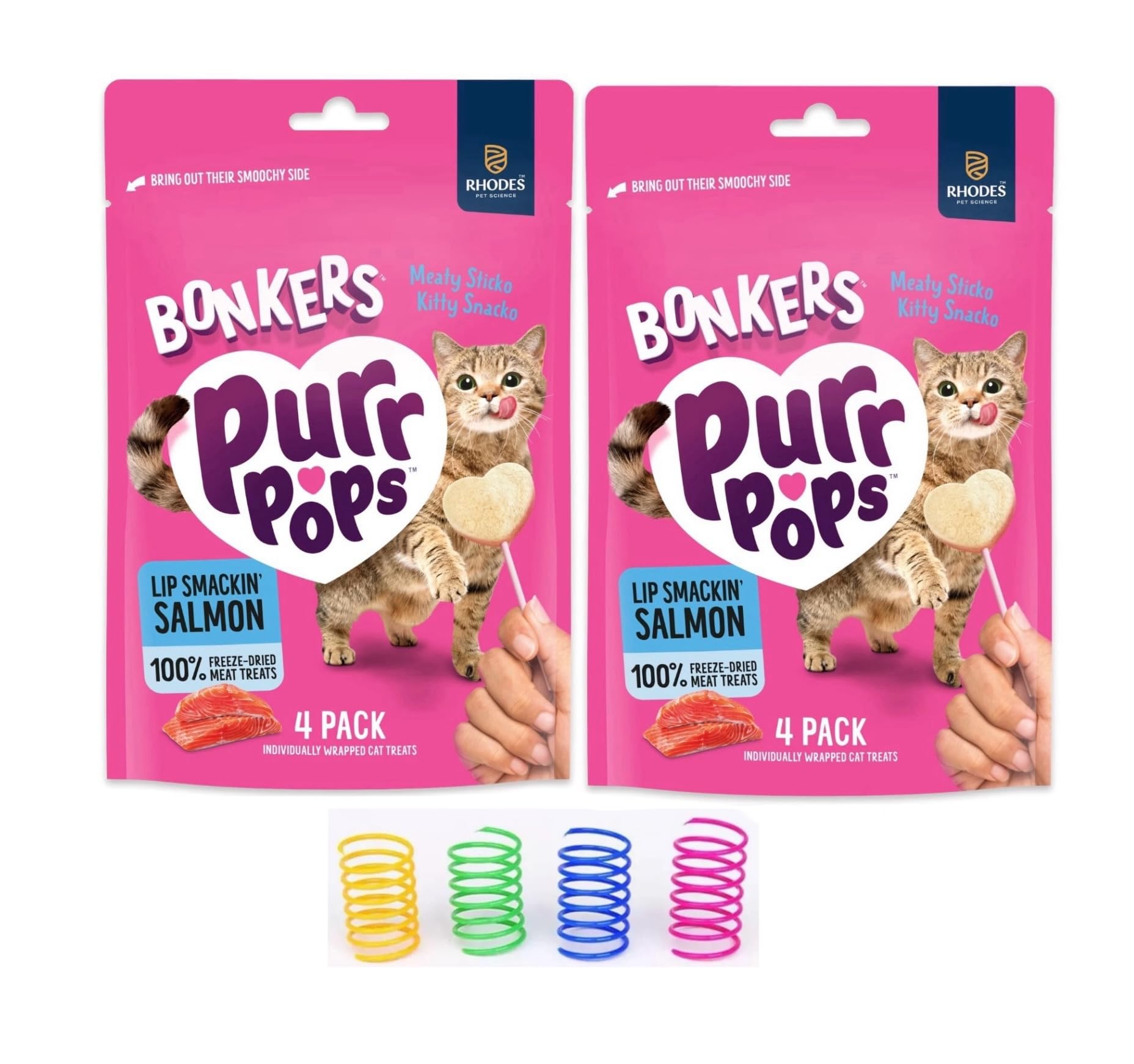 Bonkers Purrpops, Freeze Dried Salmon Flavored Lollipop Cat Treats, for All Breeds and Ages 8 Pieces (2 Packs) with Cat Spring Toys