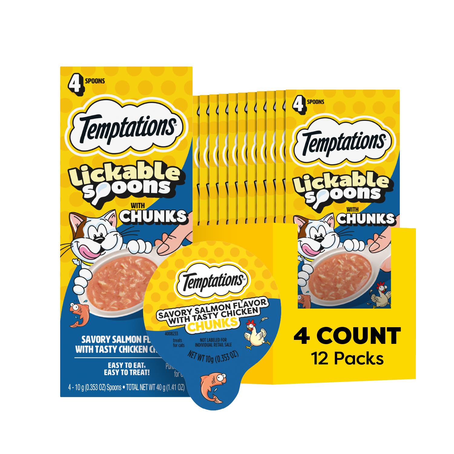 Temptations Lickable Spoons, Soft Lickable Cat Treats, Adult Wet Cat Treats, Salmon Flavor with Chicken Chunks, 4 Spoons, Pack of 12 (48 Total)