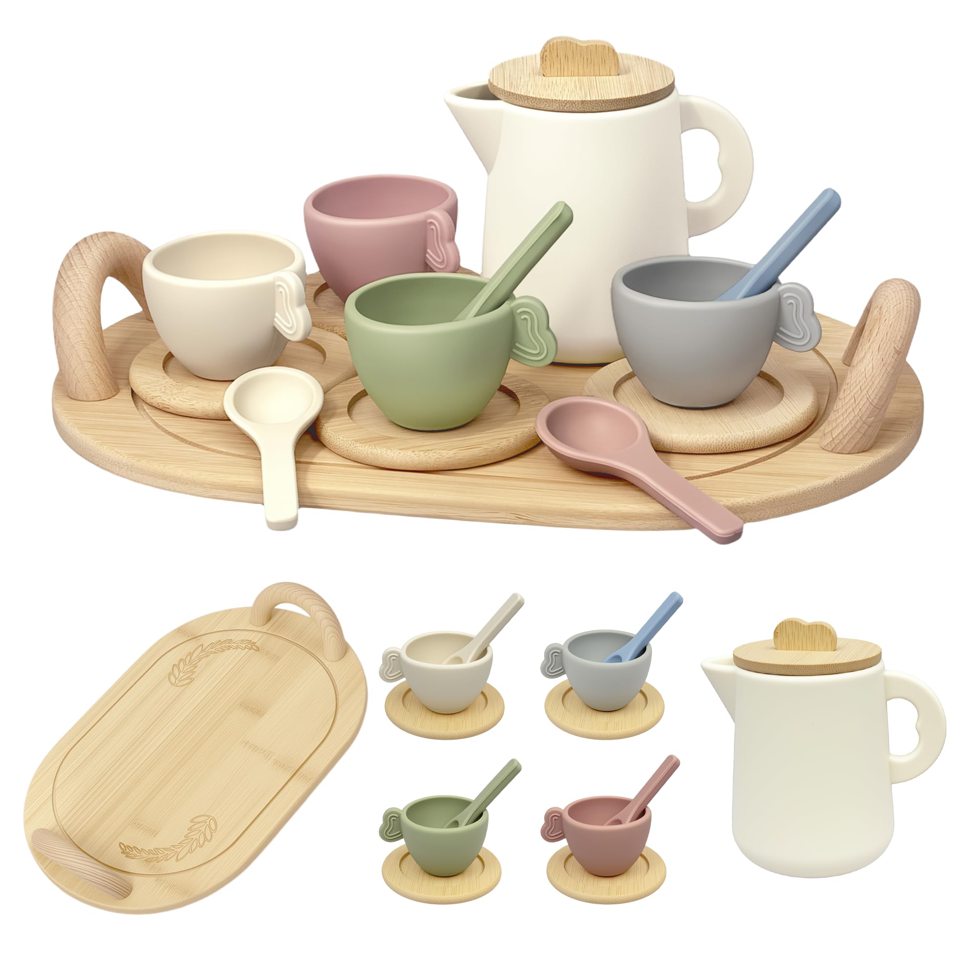 Wooden Tea Set for Toddlers 3-5, 15 Piece Tea Party Set with Teapot, Cups, Spoons and Tray for Girls and Boys, Pretend Play Kids Kitchen Accessories for Ages 3-6