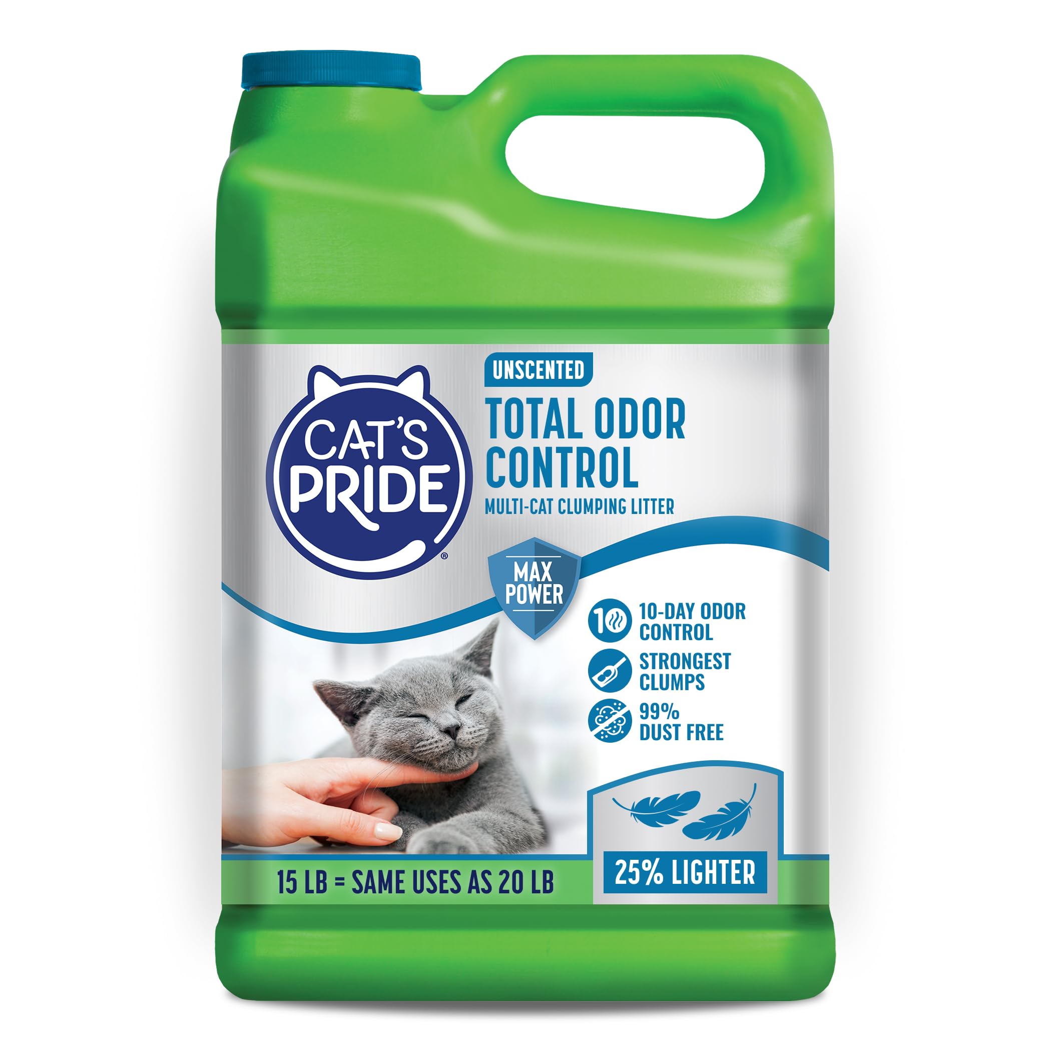 Cat's Pride Max Power: Total Odor Control - Up to 10 Days of Powerful Odor Control - Strong Clumping - Hypoallergenic - 99% Dust Free - Multi-Cat Litter, Unscented, 15 Pounds