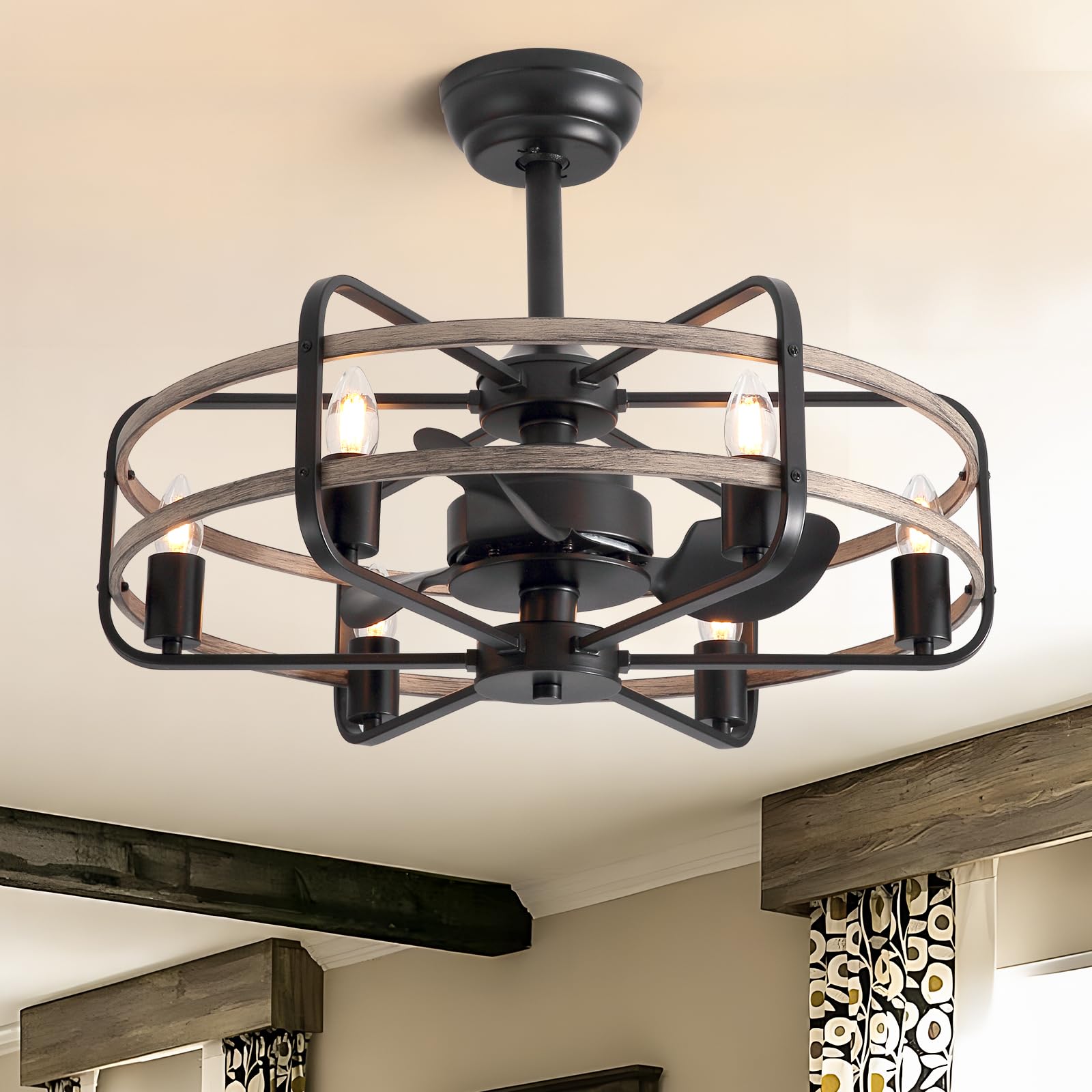 Farmhouse Ceiling Fan with Light, 25'' Rustic Fandelier Ceiling Fan with Remote, Chandelier Fan Lights for Living Dining Room Bedroom, 6-Speed Quiet Reversible Motor, E26 Base