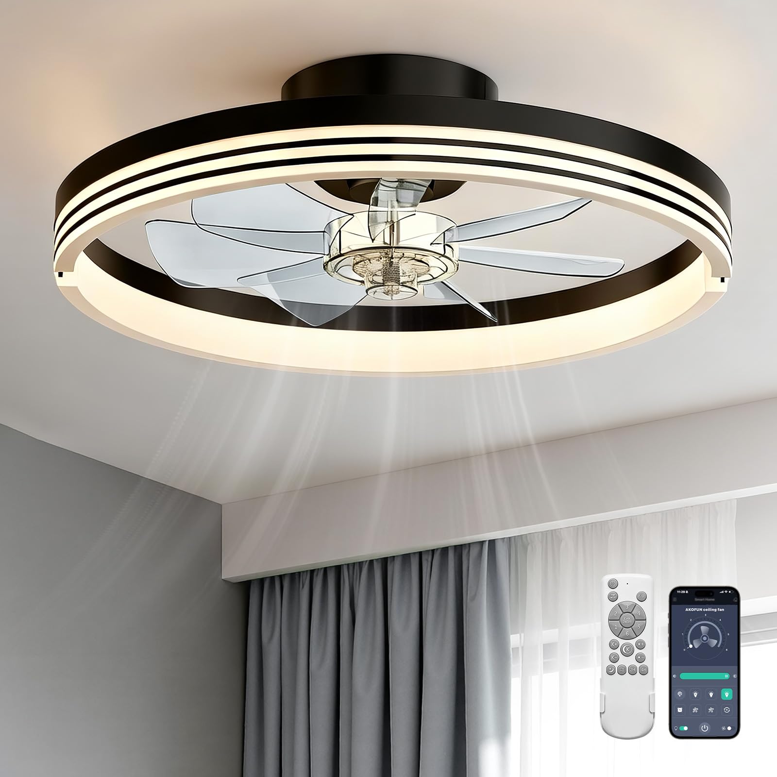 AKOFUN 18" Ceiling Fans with Lights and Remote, Low Profile Flush Mount Ceiling Fan with Light, 3000-6500K Dimmable LED Fan Light, Modern Bladeless Fandelier Ceiling Fans for Bedroom, Black Stripes