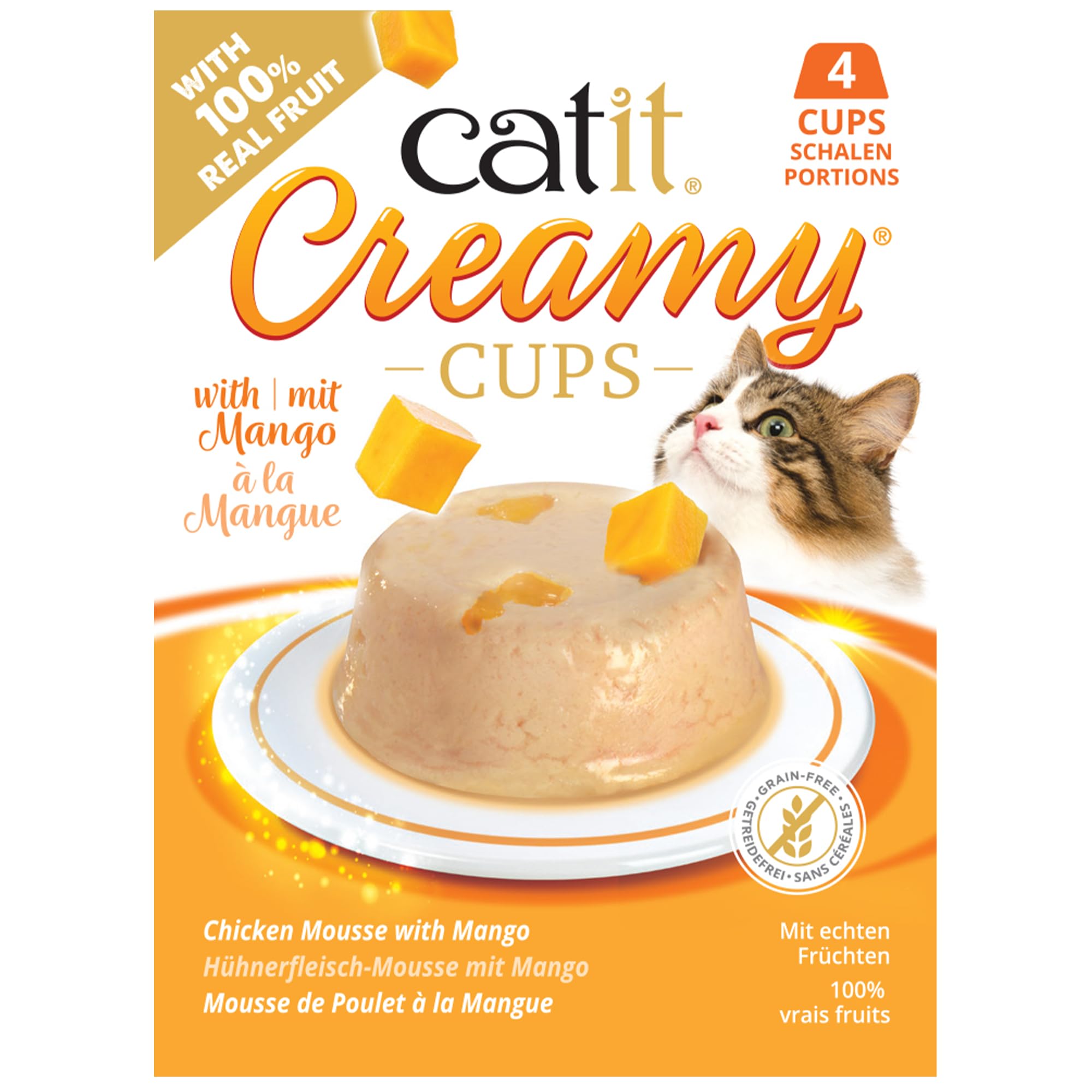 Catit Creamy Cups Cat Treats – Chicken/Mango 4 Pack for Cats & Kittens – Grain-Free, No Salt or Preservatives