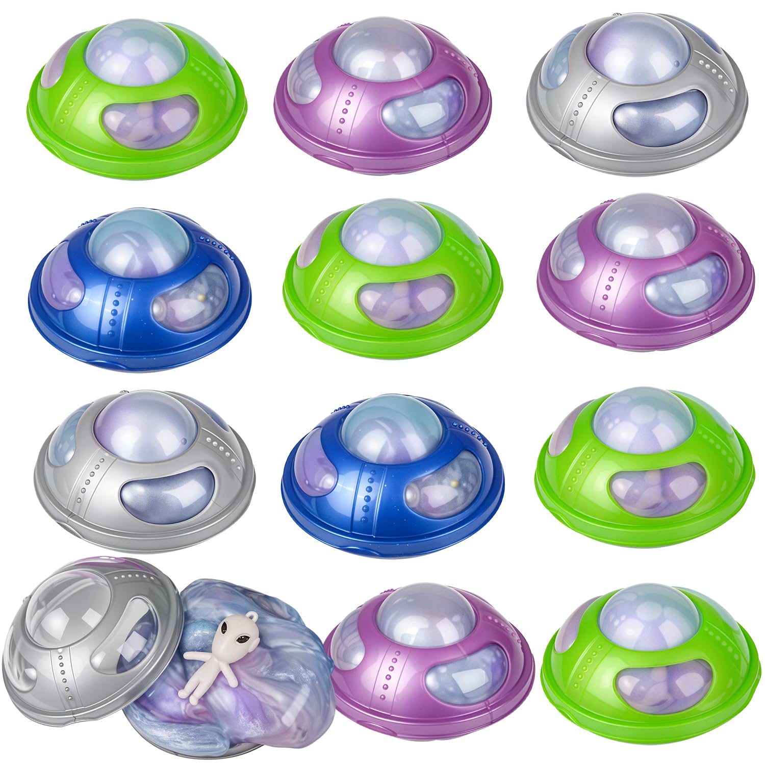 Mozlly UFO Alien Spaceship Rainbow Slime Monster Putty Sci-Fi Extraterrestrial Soft & Gooey Squishy Sensory Toy Figure Stress Reliever Party Favor Game Prizes Loot Bag Goodies - 3", Assorted 4pcs/Set