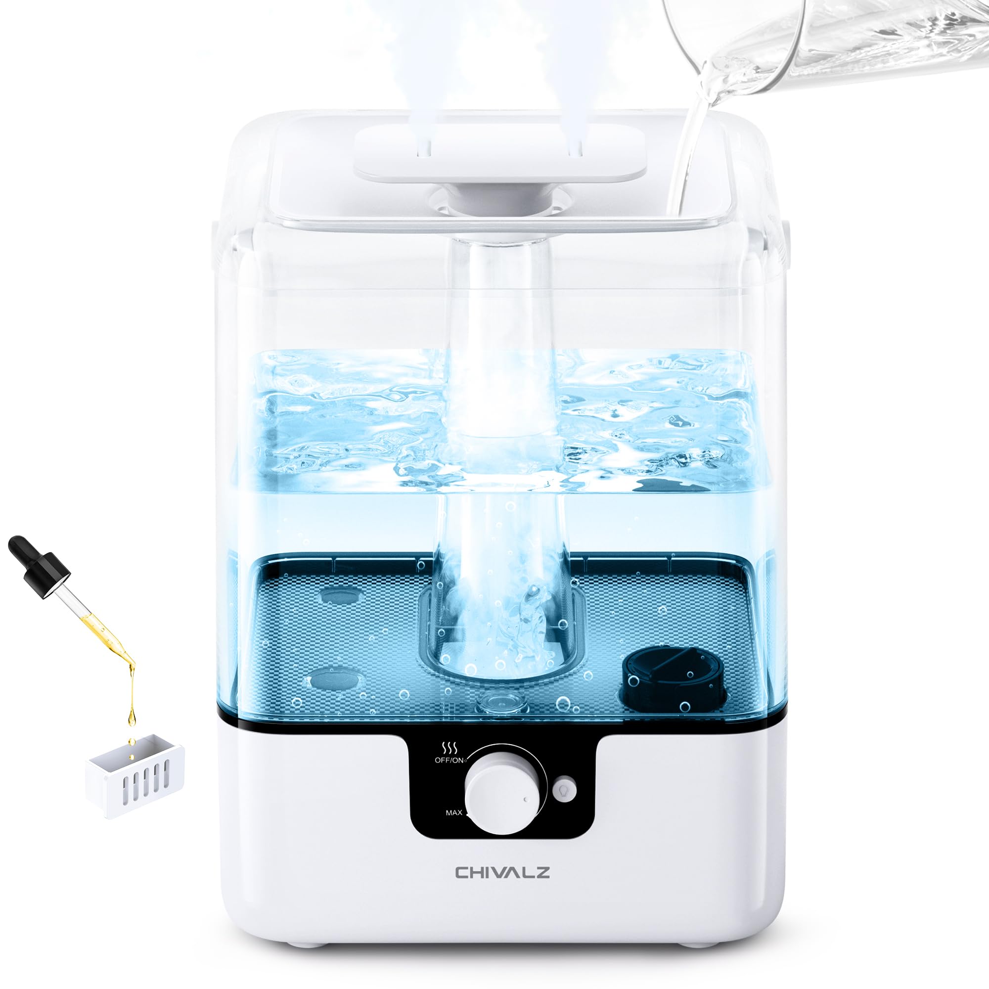 CHIVALZ 6L Humidifiers for Bedroom Large Room Home, Cool Mist Top Fill Humidifiers for Baby Nursery and Plants, 26dB Quiet, Nightlight, Up to 50 Hours, Oil Diffuser 1 Pack + 2 Mist Outlets White