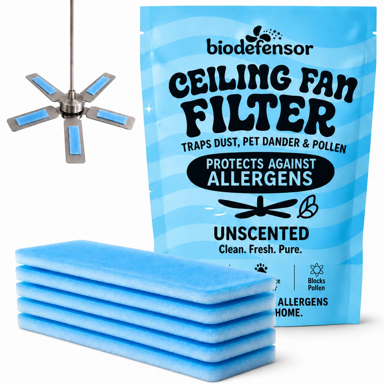 BIODEFENSOR Ceiling Fan Filters for Blades – Dust-Lock Adhesive Traps & Prevents Re-Circulation of Dust, Pet Dander, Pollen, Spores – Perfect for Pet Owners – Easy Peel & Stick, Made in USA (5-Pack)