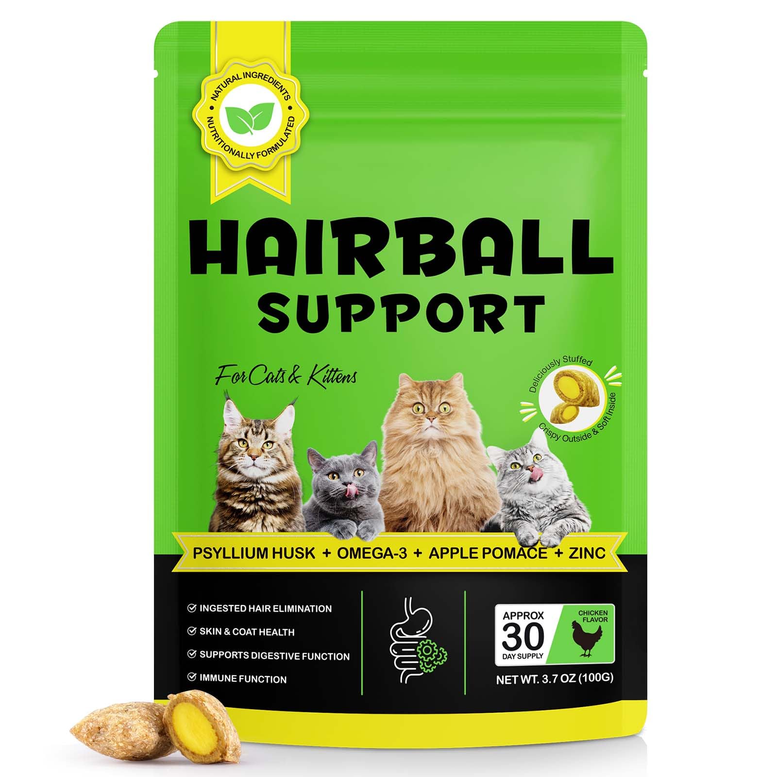 Cat Hairball Support Chews, Crunchy & Soft Chicken Flavor, Hairball Remedy Treat with Psyllium Husk & Omega-3, Supports Healthy Digestion, Skin & Coat, 30-Day Supply