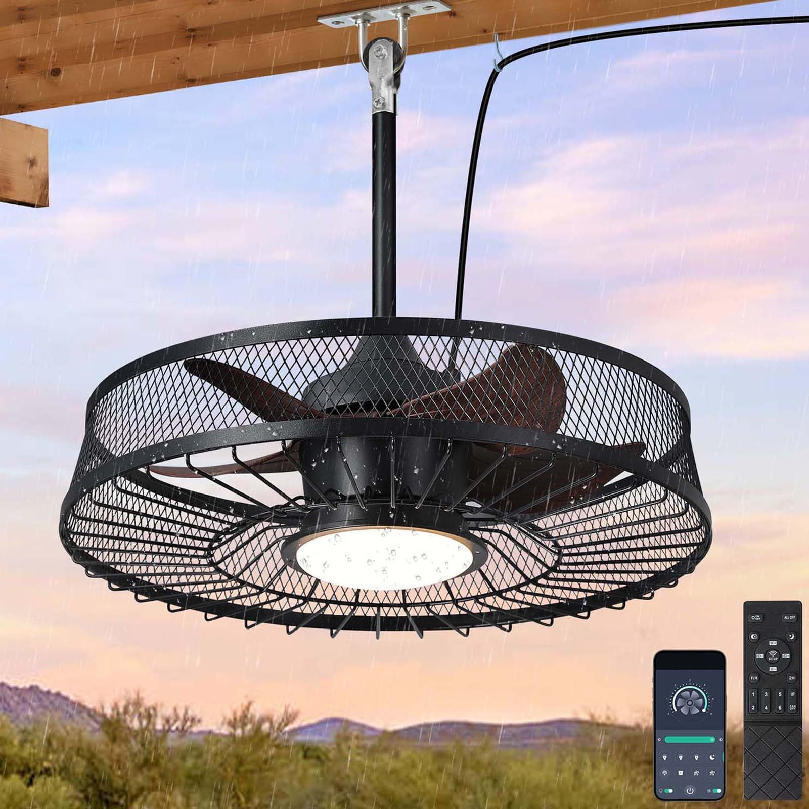Outdoor Ceiling Fans with Lights for Patio, 22" Weatherproof Ceiling Fan, Gazebo Fan Remote & APP Control, 3 CCT Dimmable, Caged Plug in Ceiling Fan with Hanging Hook for Pergola Porch Canopy