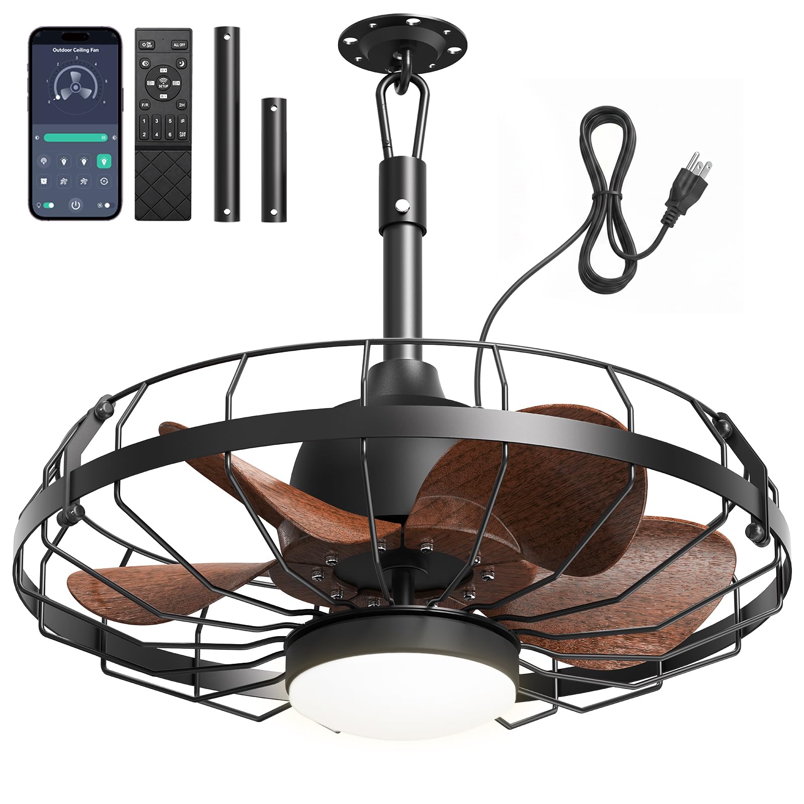 20" Outdoor Ceiling Fan with Light for Patio, IP65 Weatherproof Plug-in Gazebo Fan with Smart App & Remote, 3CCT Dimmable, 6-Speed Quiet Reversible DC Motor for Porch Pergola Canopy