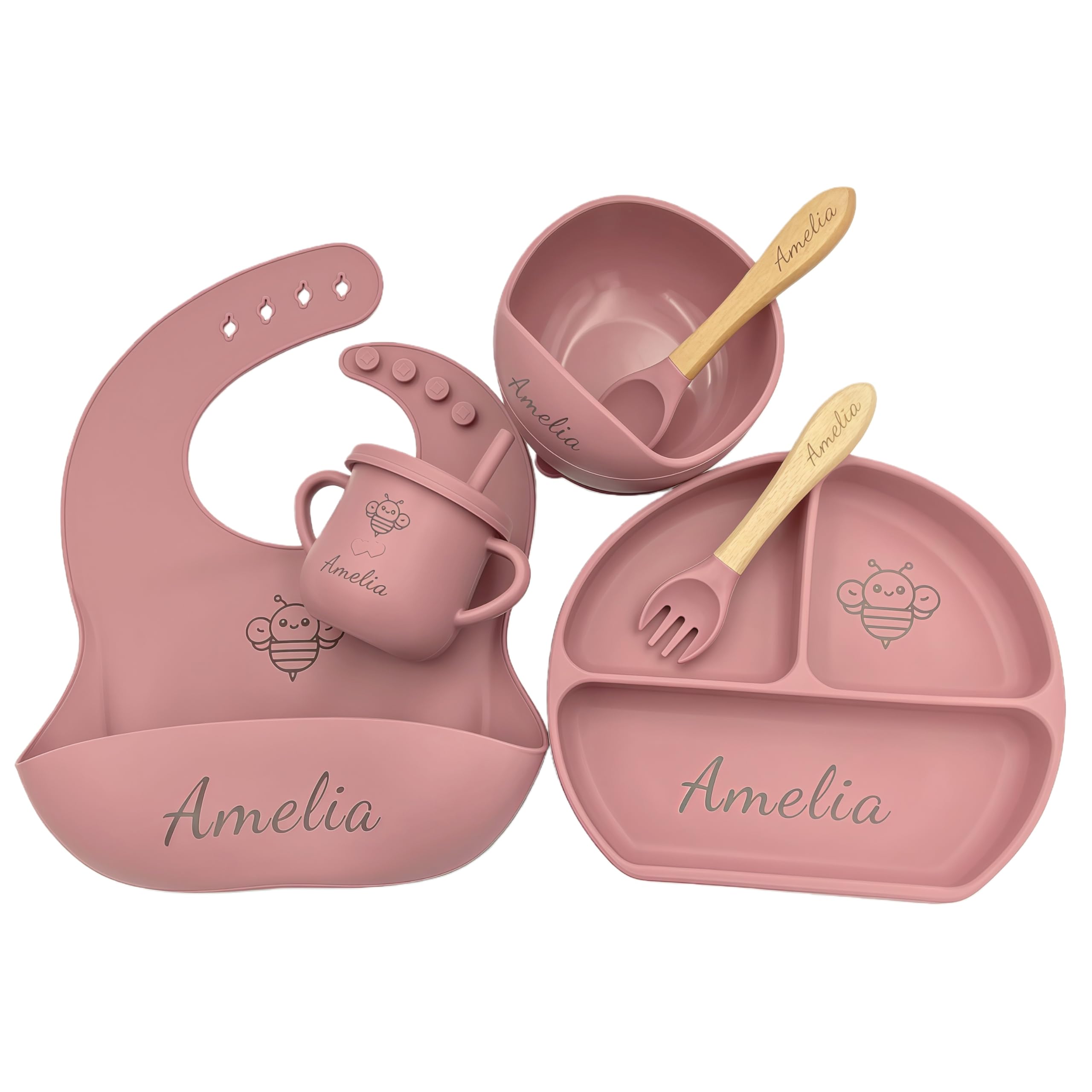Personalized Name Food Grade 6pcs Baby Feeding Set with Spoon, Fork,Silicone Suction Bowls,Cup,Plate,and bib BPA Free - First Stage Self Feed (Color Muted Deep Pink Y19)