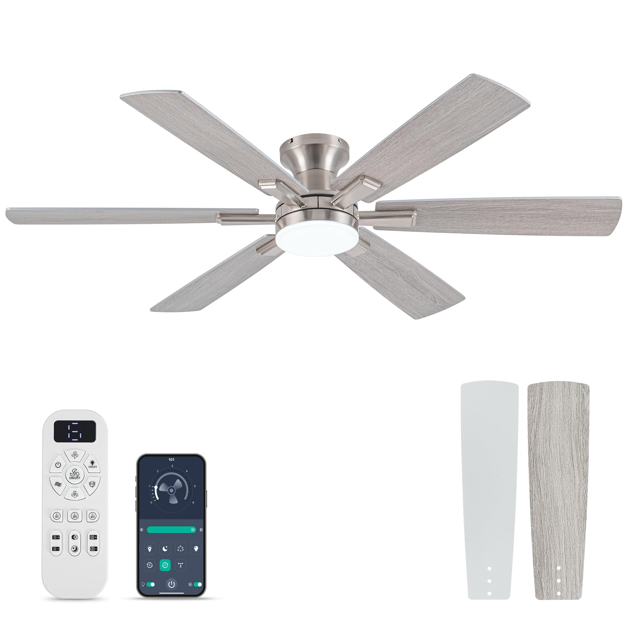 Ceiling Fans with Lights and Remote Control, Brushed Nickel Flush Mount Ceiling Fan with Light 3-Color Dimmable, Memory for Lighting and Fan Reversible, 6-Speed, Timer, Indoor/Outdoor Use, 52 Inch