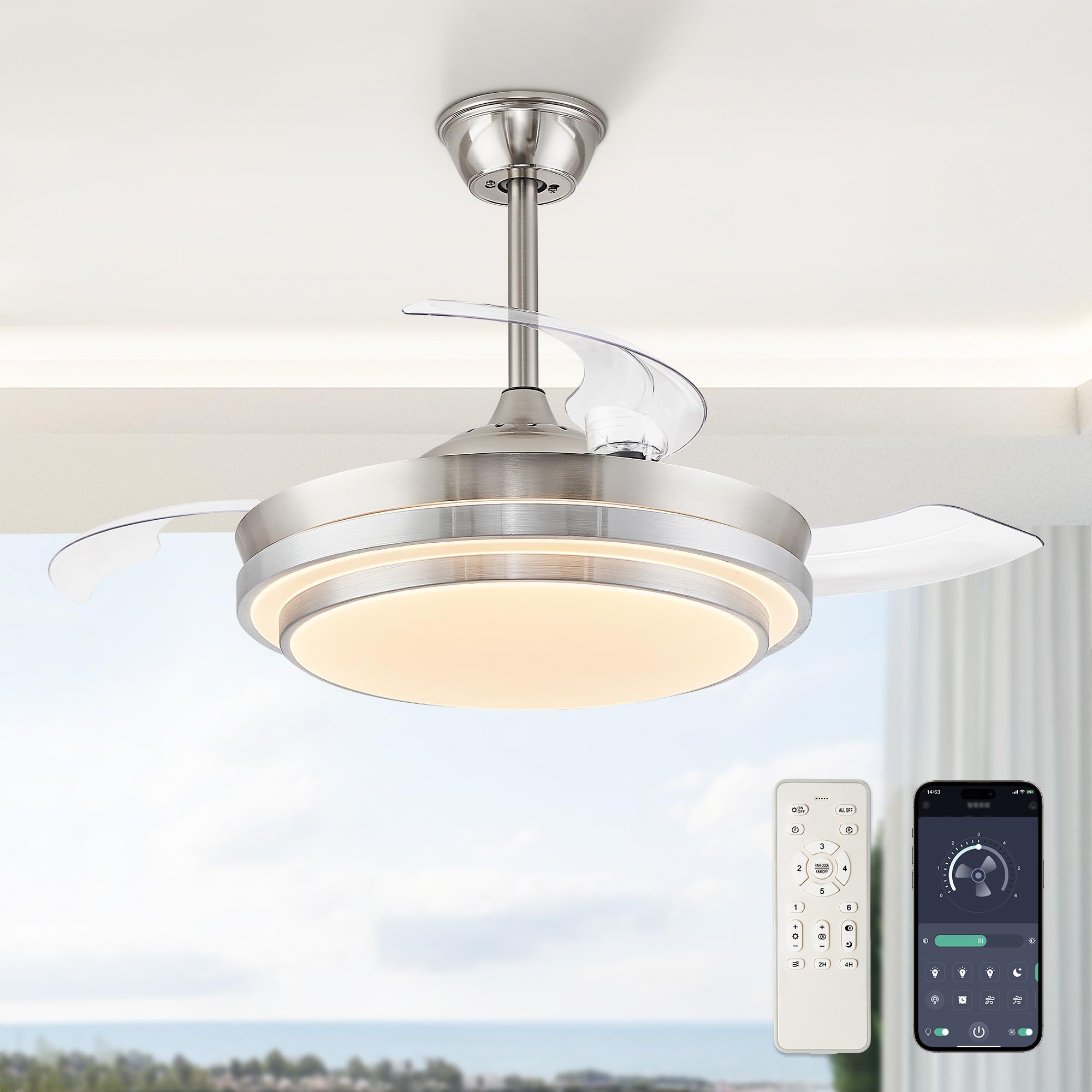 LEDIARY Retractable Ceiling Fans with Lights and Remote, 42 Inch Fandelier Ceiling Fans with LED Lighting, Smart Modern Ceiling Fan, Stepless Color Changeable, Dimmable, Timer Setting, Brush Nickel