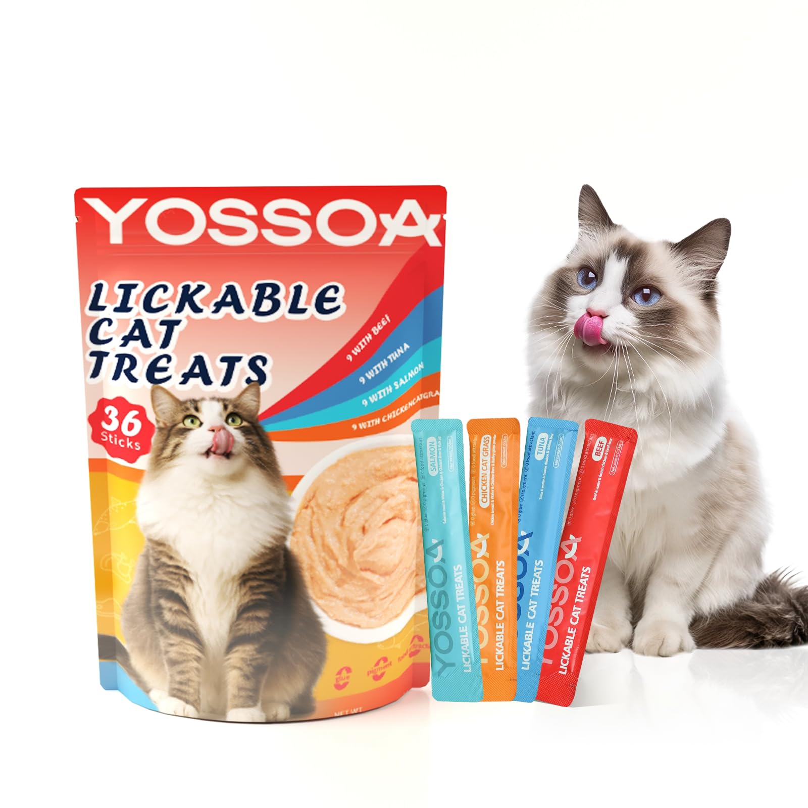 Lickable Cat Treats Variety Pack - 36 Sticks Wet Cat Treat Puree with Taurine, Fish Oil & Vitamins - Grain Free Lickable Puree for Immune & Heart Support for Picky Eaters (4 Variety Flavors)