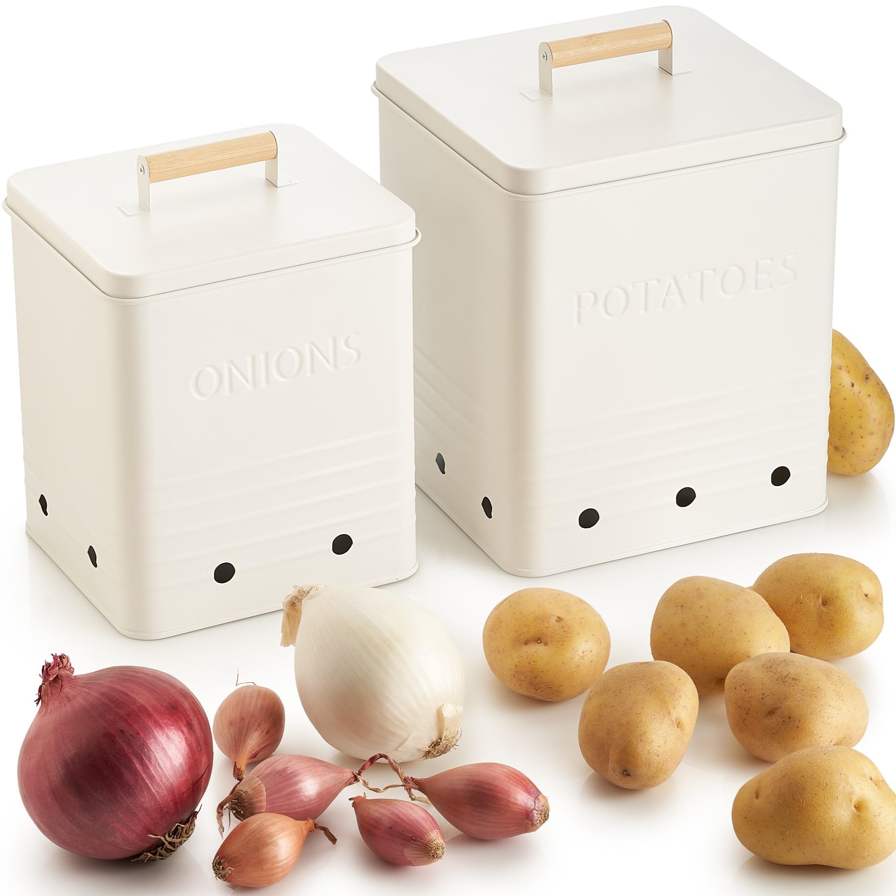 ZICOTO Beautiful Potato and Onion Storage Container Set, 10.1" & 8.9" - Perfectly Sized Spacious Canisters For Your Kitchen Counter Or Pantry - Food Safe Metal Bins Keep Produce Fresh Longer