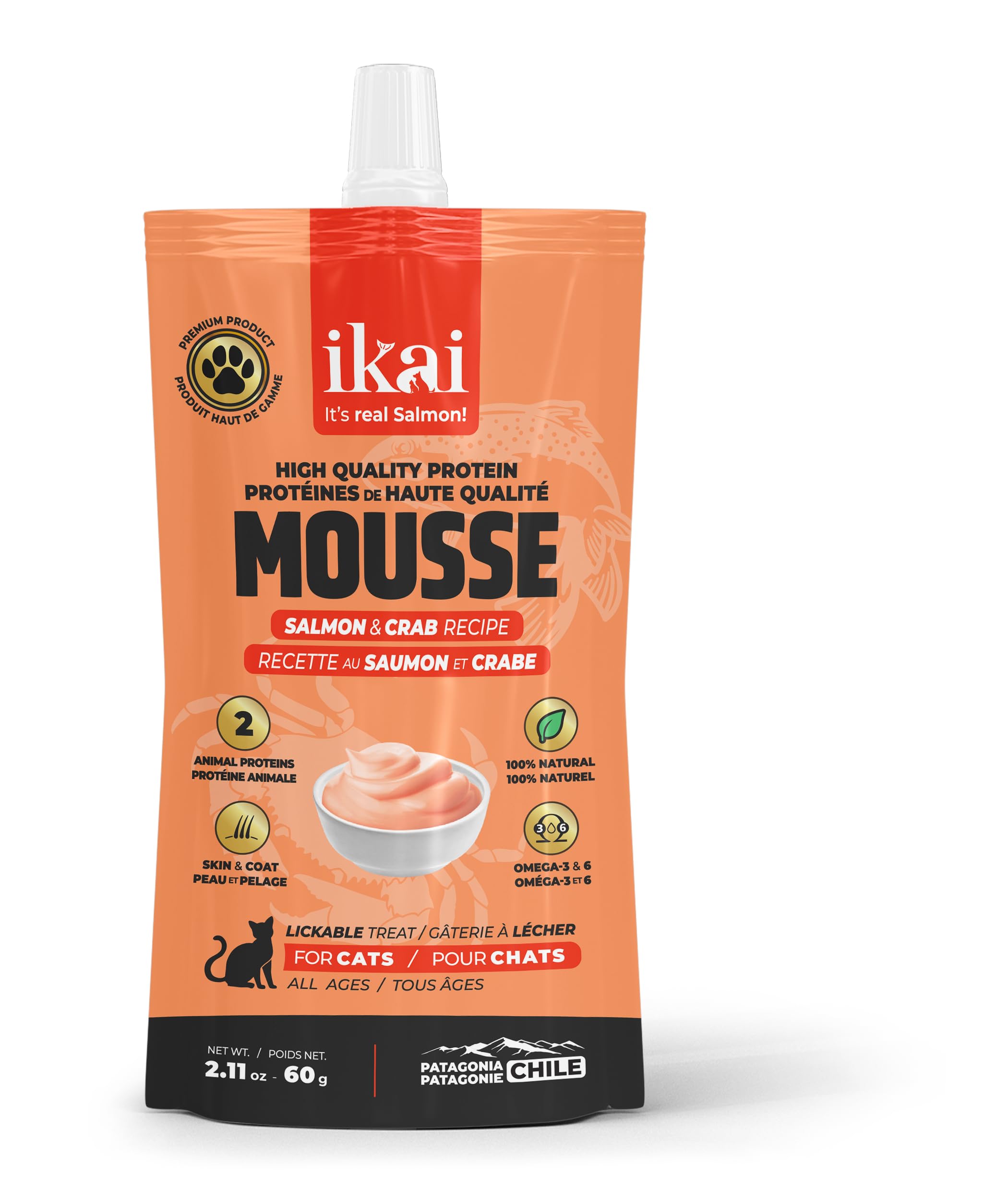 IKAI - Lickable Wet Cat Treats - Patagonian Salmon from Chile, No By-Products, Highly Digestible Protein, with Omega 3 & 6 for Healthy Skin & Glossy Coat - 2.11 oz (1 Pack, Salmon & Shrimp)