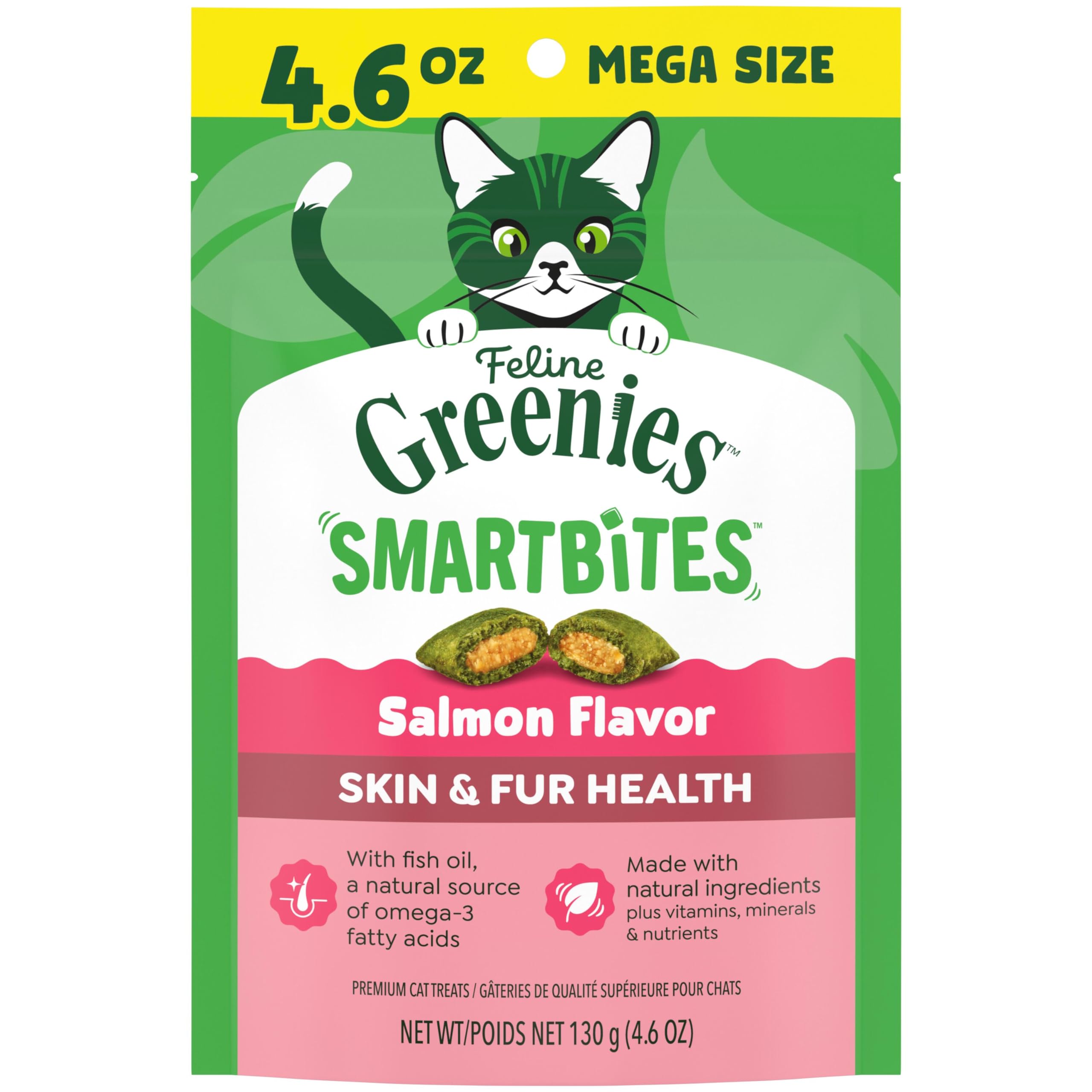 Greenies Cat Treats, Feline Smartbites, Skin & Fur Health, Crunchy and Soft Cat Treats, Salmon Flavor, 4.6 oz. Pack