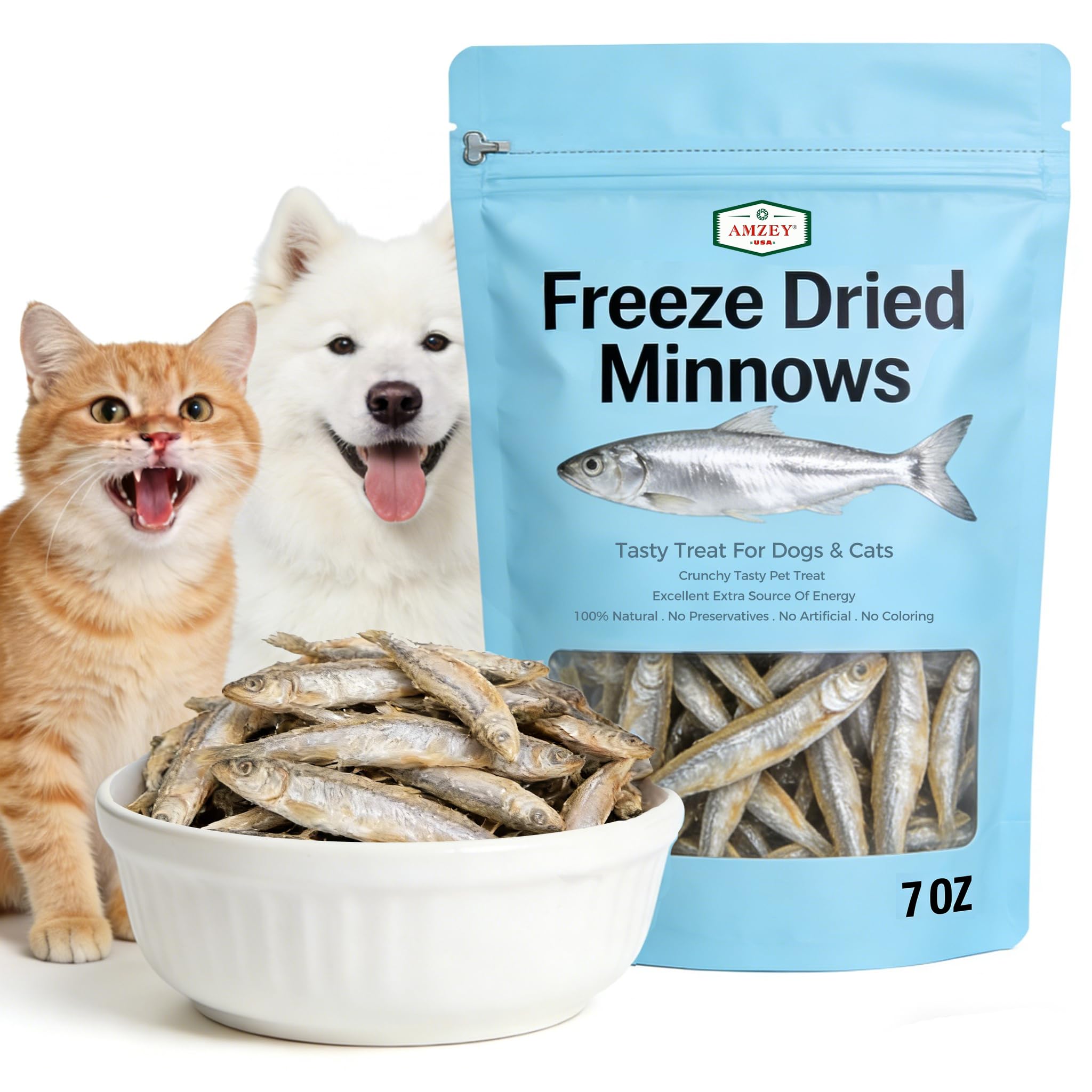 Amzey 7oz Minnows Dog Treats - Freeze Dried Minnows Cat Treats - High Protein & Premium Quality Training Treats - Bulk Package (1.6" to 2.8" Length Each)