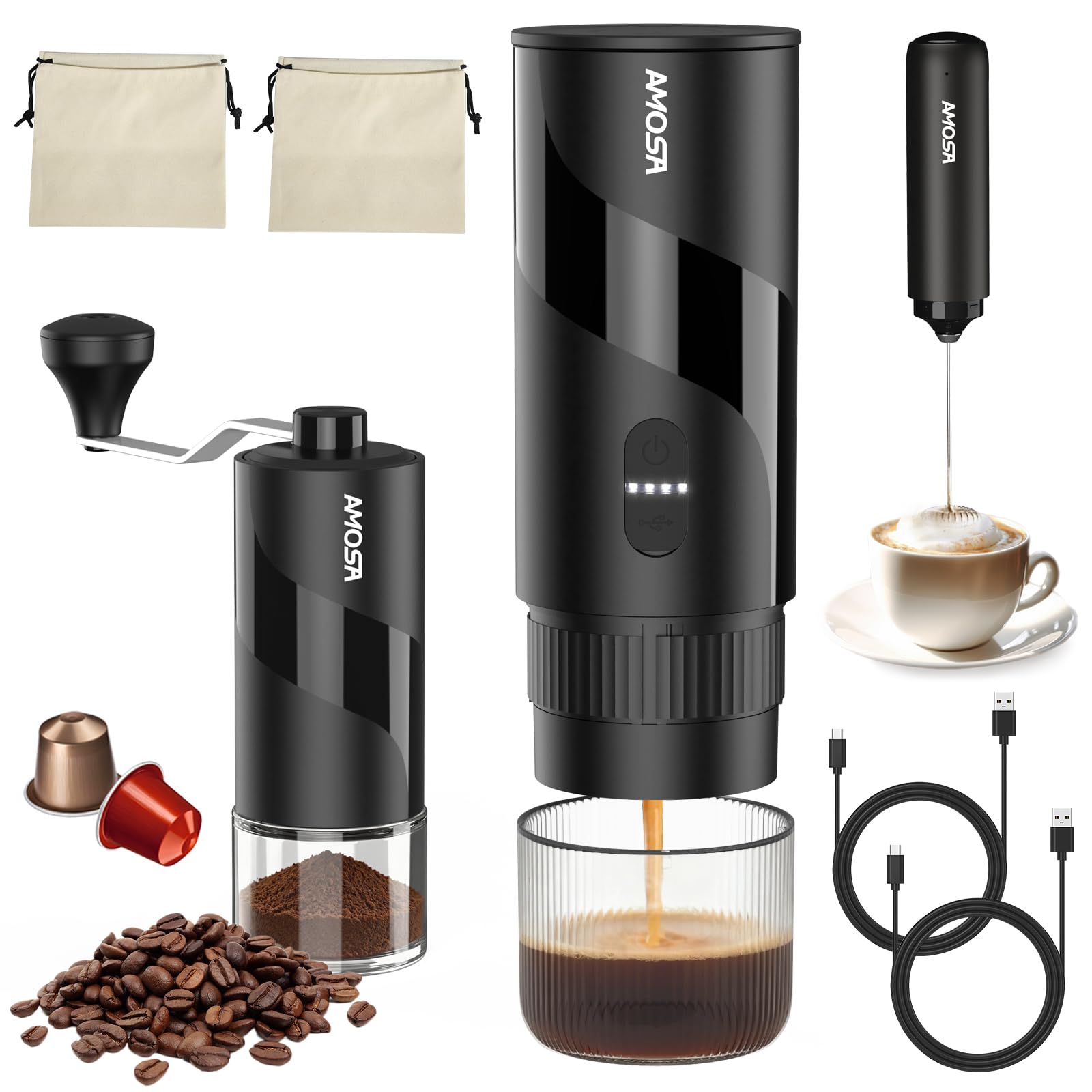 Portable Electric Espresso Machine & Manual Coffee Grinder & Electric Milk Frother All in 1 Mini Travel Coffee Maker Set for Camping, Car, RV, Hiking, Office, Home, Ground Coffee & NS Capsules Pod