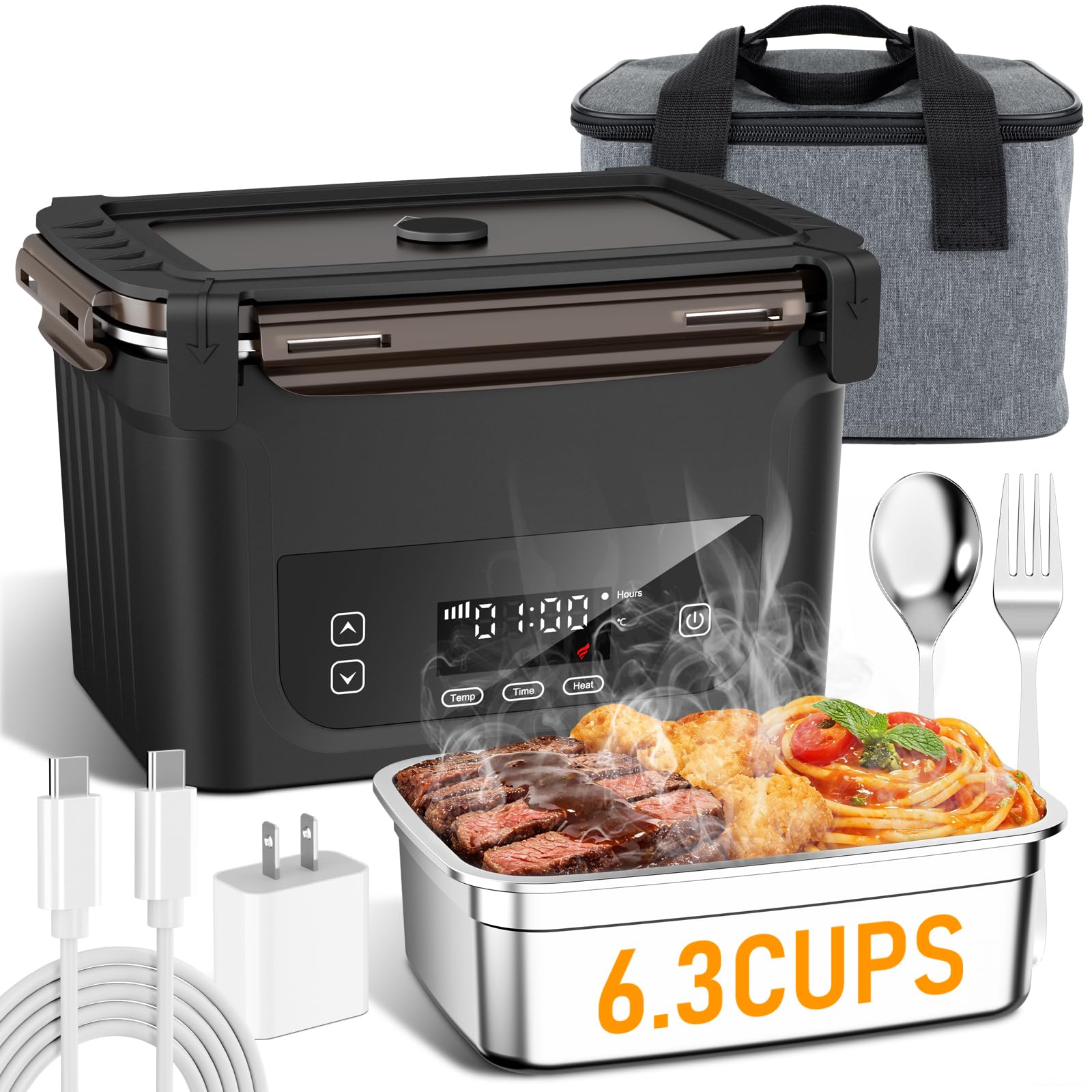 2026 Upgraded Cordless Electric Lunch Box for Adults, 20,800mAh Rechargeable Heated Lunch Box with Even Heating, XL 6.3 Cup Self-Heating Lunch Box for Construction, Office & Travel