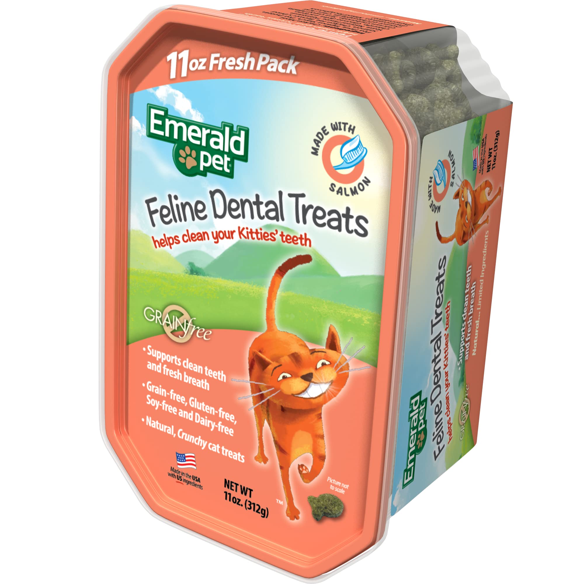 Emerald Pet Grain-Free Cat Dental Treats with Salmon – Crunchy Natural Dental Treats for Cats to Clean Teeth, Freshen Breath, and Reduce Plaque & Tartar – 11 oz Tub