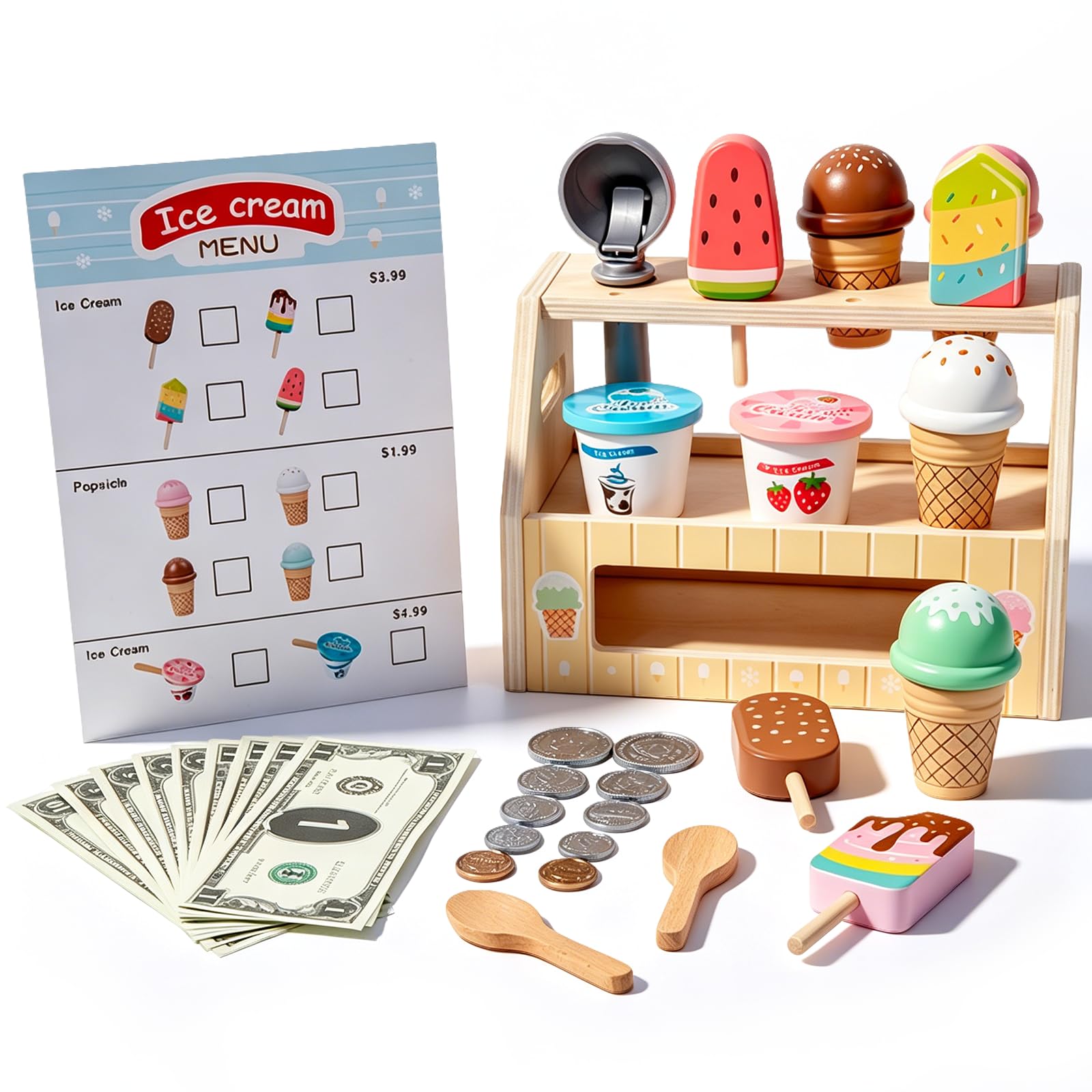 Brownroot Wooden Ice Cream Counter Toy Set, Pretend Play Food Shop with Play Money & Menu, Montessori Toddler Kitchen Accessories Educational Gift for Kids Boys Girls Ages 3+