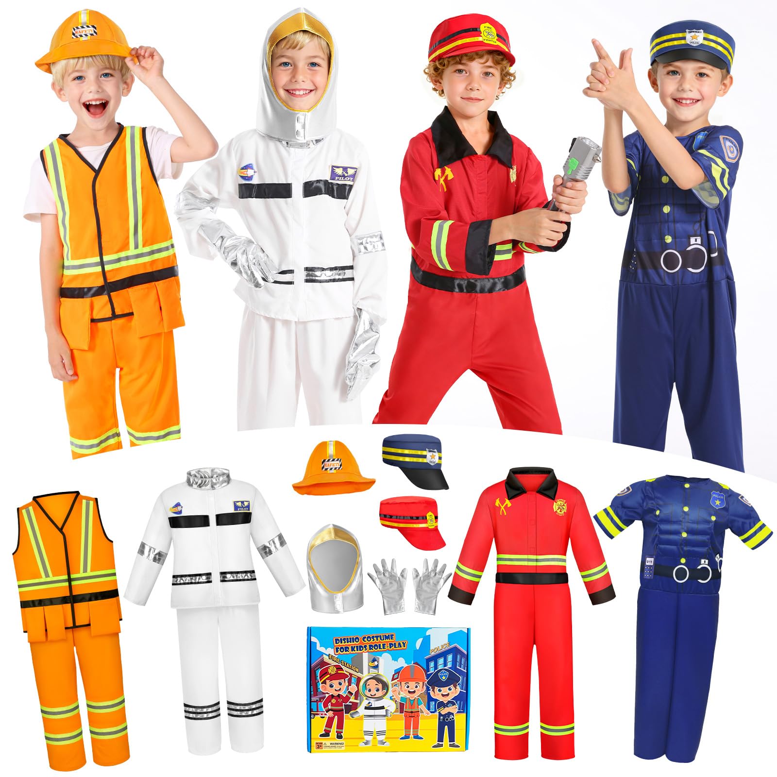 DISHIO Kids Pretend Role Play Costumes, Dress Up Clothes for Toddlers, 4 Sets Astronaut, Policeman, Firefighter, Engineer Costume for Kids and Toddlers Boys Christmas Birthday Age 3 to 6