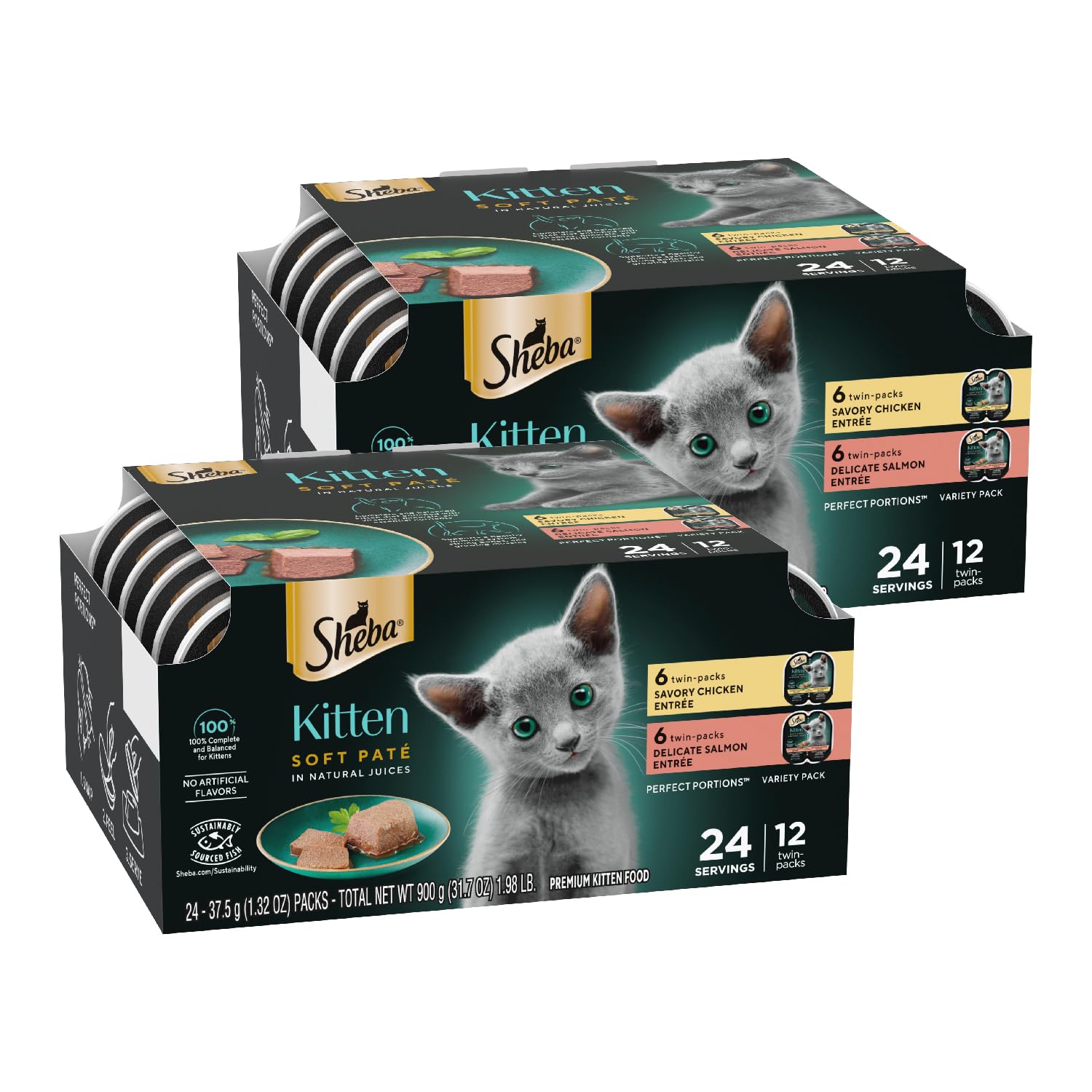 Sheba Perfect Portions Kitten Wet Food, Pate Cat Food Wet Entree, Chicken Recipe and Salmon Recipe, 2.6 oz. Twin-Pack Trays (12 Count, 24 Servings) (Pack of 2)
