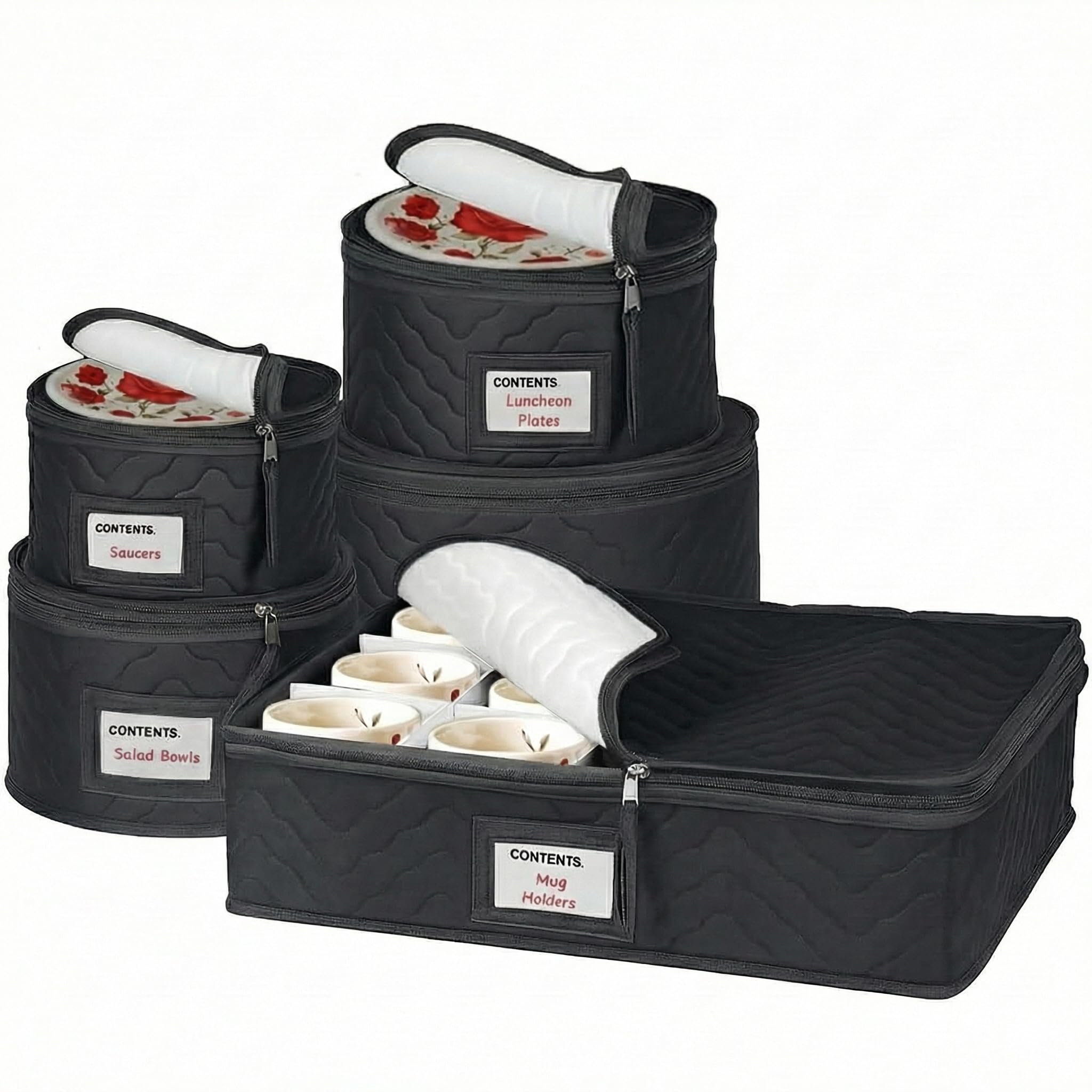 China Storage Containers 5-Piece Set Moving Boxes for Dinnerware, Glasses, Plates, Mugs and Saucers Sturdy Quilted Microfiber Dish Organizer with Dividers for Seasonal Storage - Holds Set of 12, Black