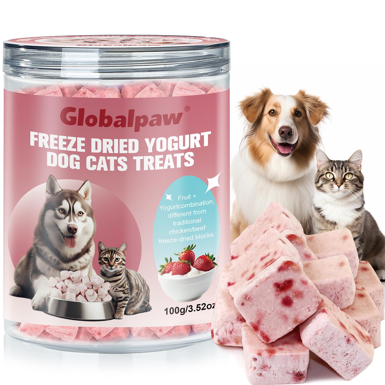 Freeze Dried Yogurt Dog Cats Treats Crunchy Snacks with Strawberry100g (3.52oz), High Protein Yogurts Snacks Pets Food for Cats Dogs Training (Strawberry Yogurt 3pcs)