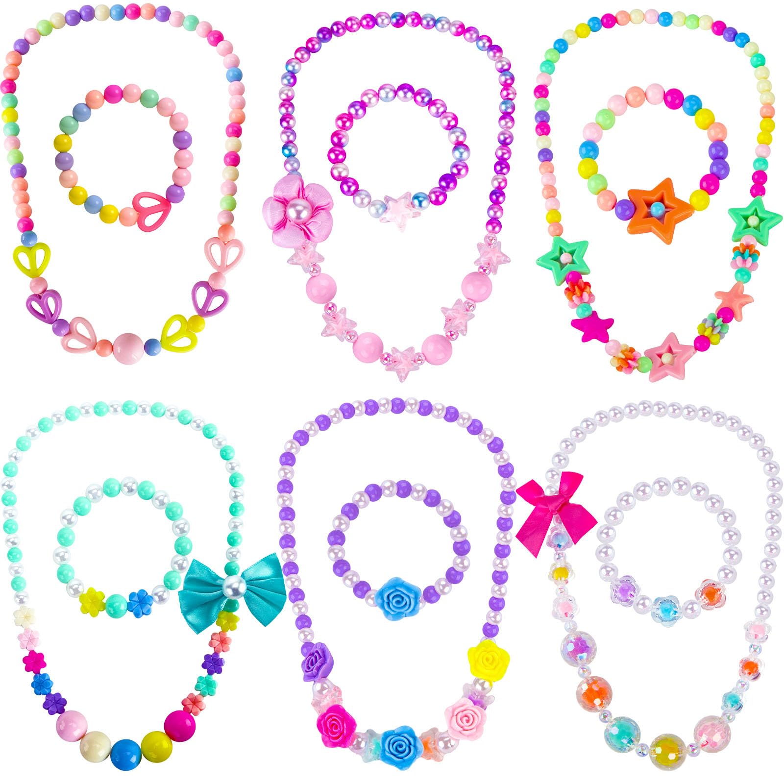 BigOtters Little Girls Necklace Bracelet, 6 Sets Lovely Colorful Beads Jewelry Princess Dress up for Toddlers Pretend Play Party Costume, Party Favors Bags for Kids