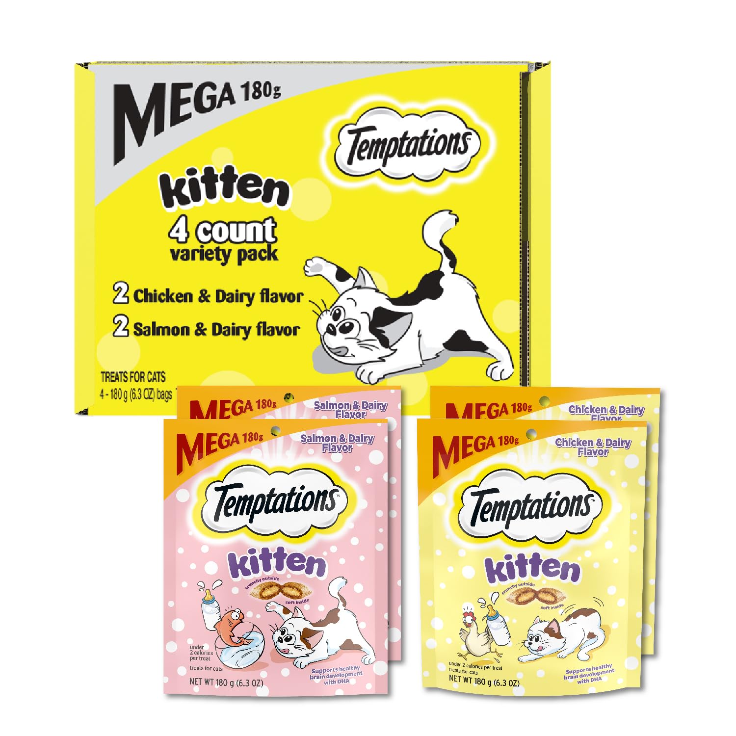 Temptations Kitten Treats Classic Crunchy and Soft Cat Treats Variety Pack, 6.3 oz. Pouches (Pack of 4)