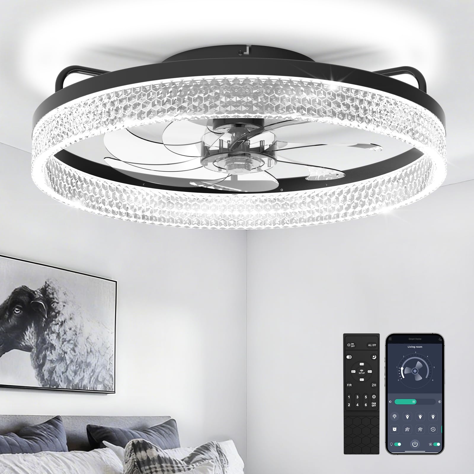 20" Ceiling Fan with Lights, Flush Mount Ceiling Fans, Ceiling Fans with Lights and Remote, 6 Speeds Dimmable Ceiling Lights with Fans, Quiet Modern Ceiling Fan for Bedroom Living Room