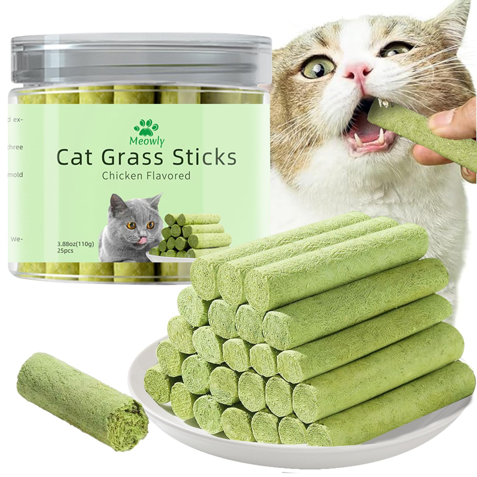 Meowly 110g Cat Grass ?Sticks for Cats, Natural Chicken Flavored Cat Grass ?Sticks for Teeth Cleaning and Hairball Remedy