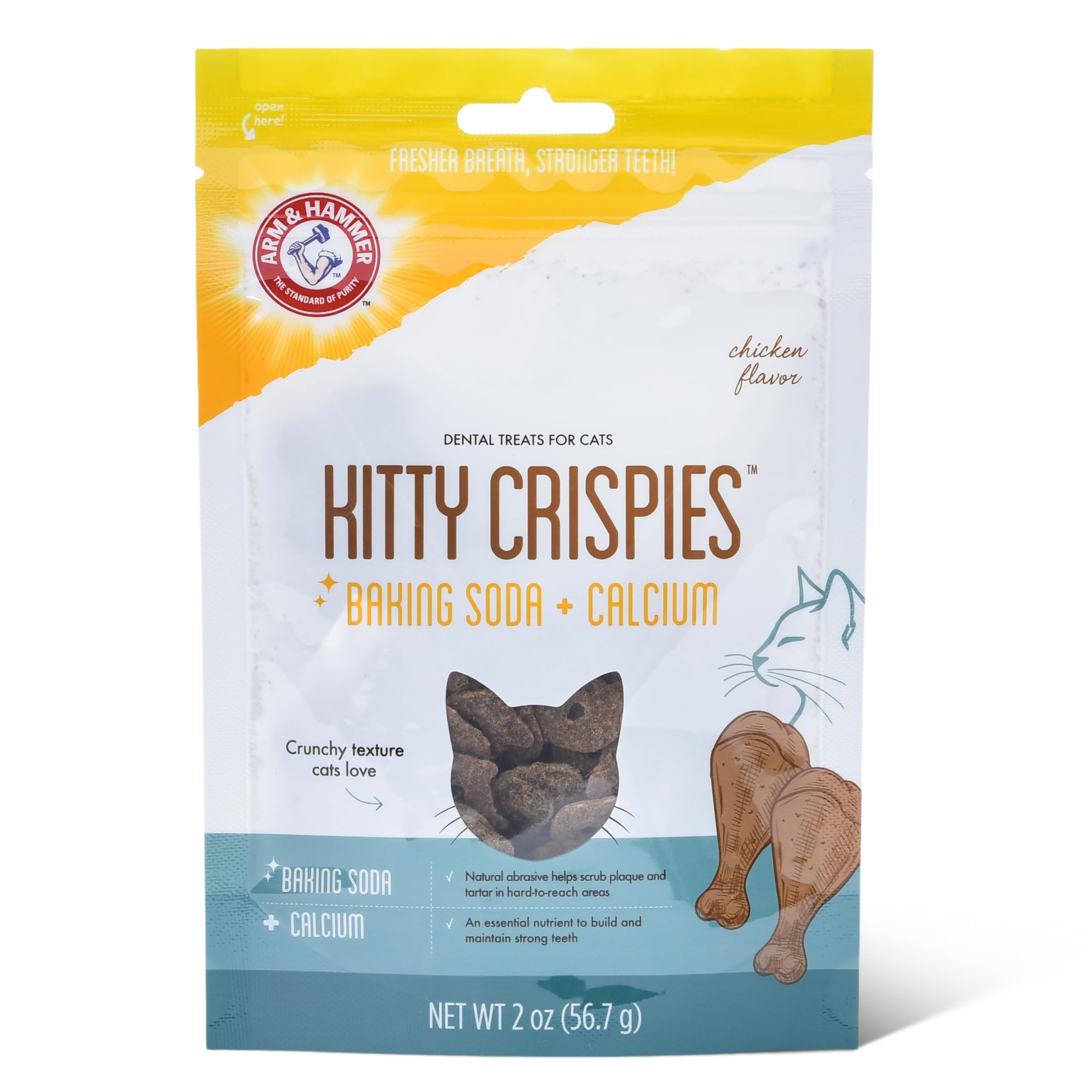 Arm & Hammer Kitty Crispies Dental Cat Treats, Baking Soda & Calcium Formula, Fights Bad Breath, Plaque & Tartar Without Brushing, Highly Digestible, Chicken Flavor, Adult Cats, 2 Oz