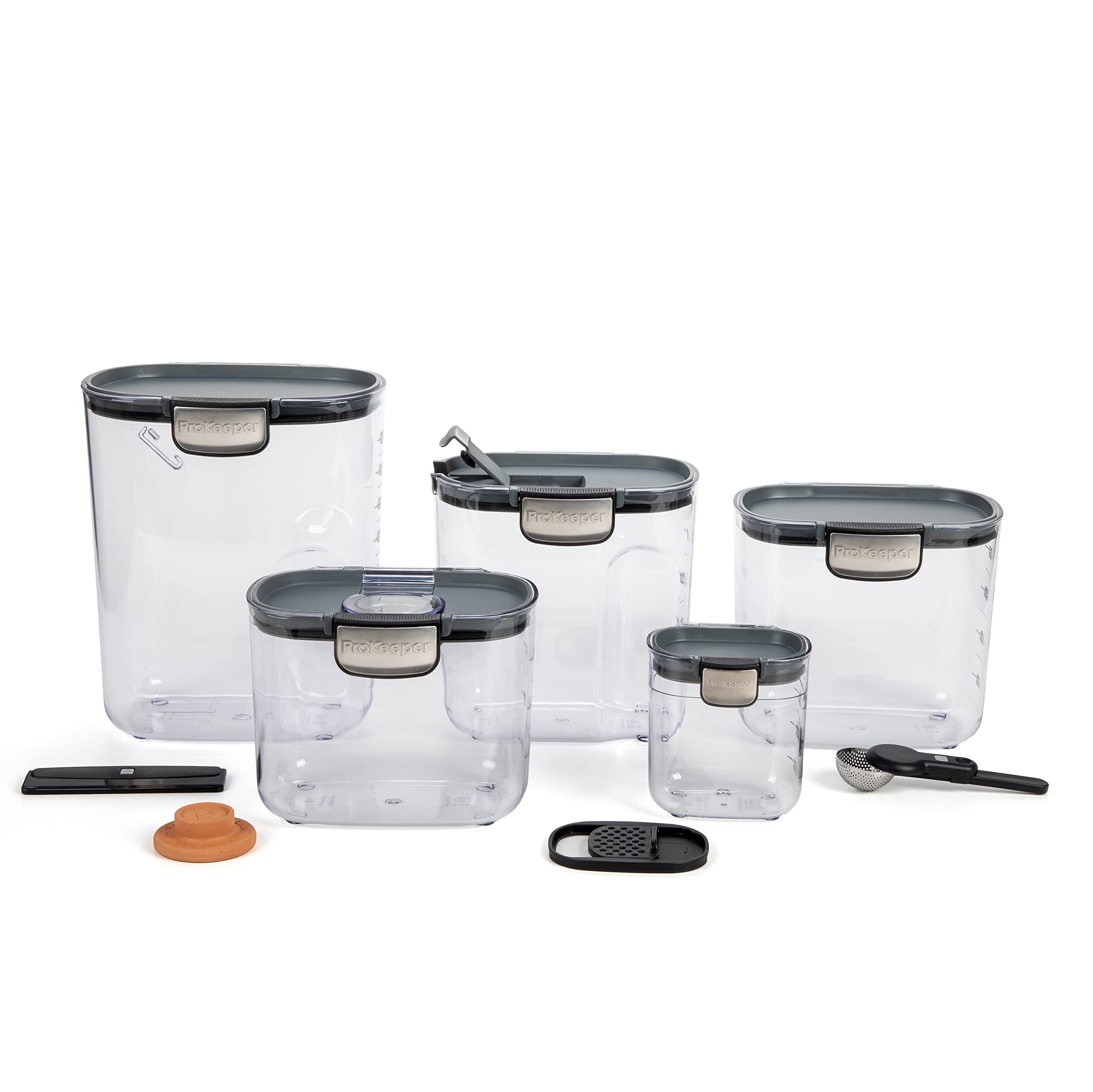 ProKeeper+ Airtight Food Storage Container Set – Clear Plastic Flour and Sugar Canister Set with Magnetic Accessories for Kitchen Organization (Grey, 9-Piece)