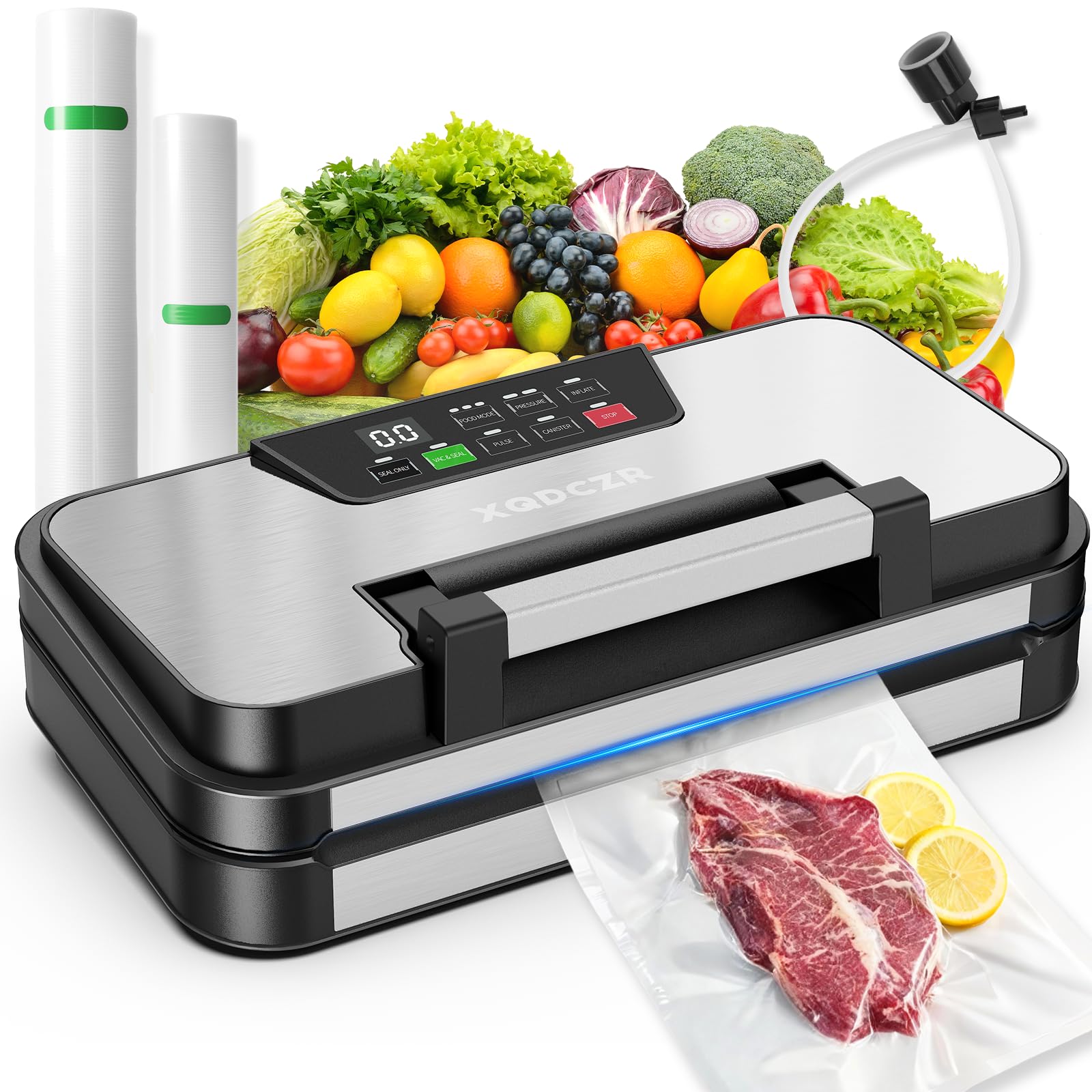95kPa Vacuum Sealer Machine, Powerful Double Pump 10-in-1 Food Sealing System with Double Heat Seal, Built-in Cutter & Bag Storage, Easy-Lock Handle, Hose, 2 Bag Rolls, Durable Stainless Steel Design