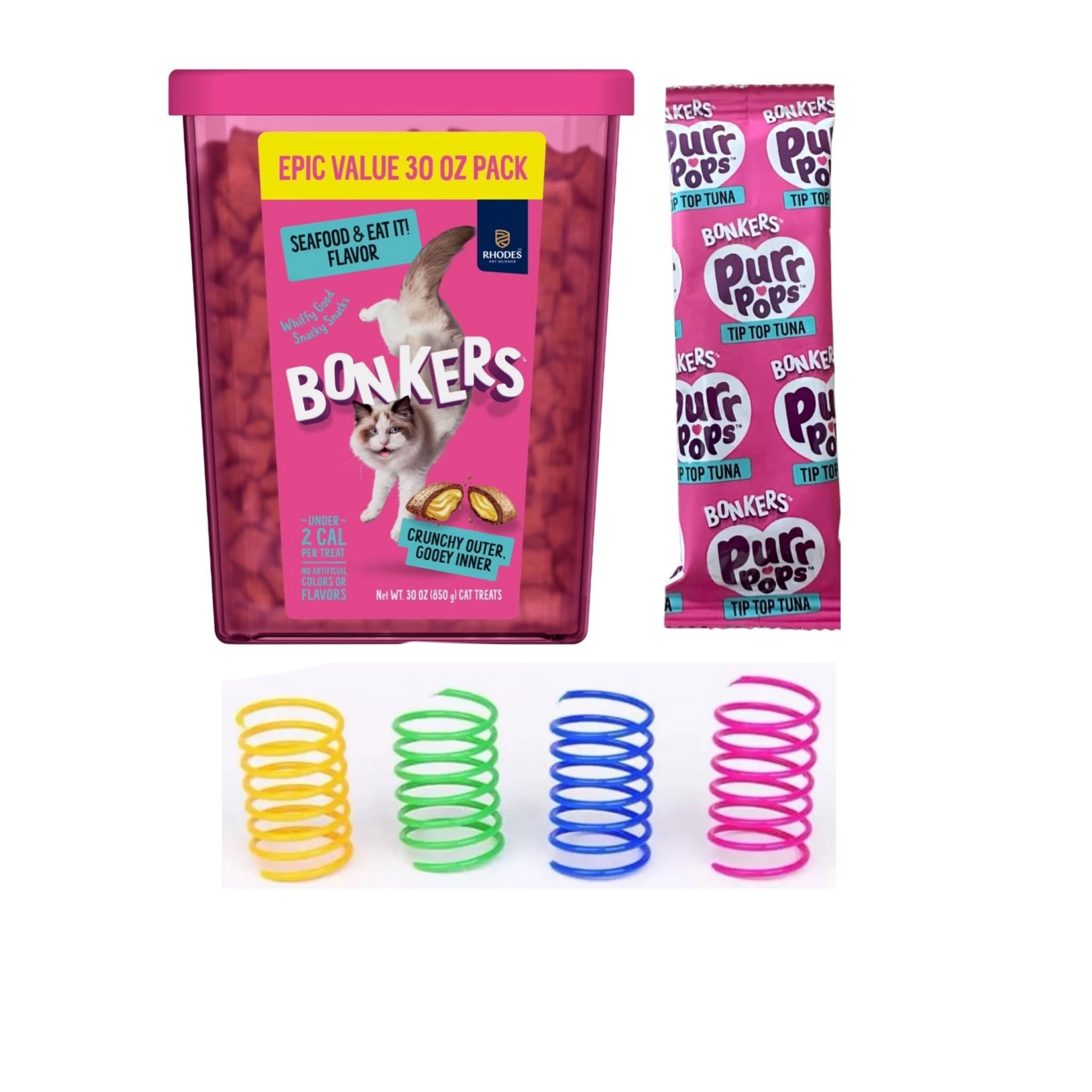 Bonkers Cat Treats, Seafood & Eat It Flavor, Crunchy & Gooey, 30 oz Value Pack with Free Seafood Purrpop Sample, Plus 4 Cat Spring Toys