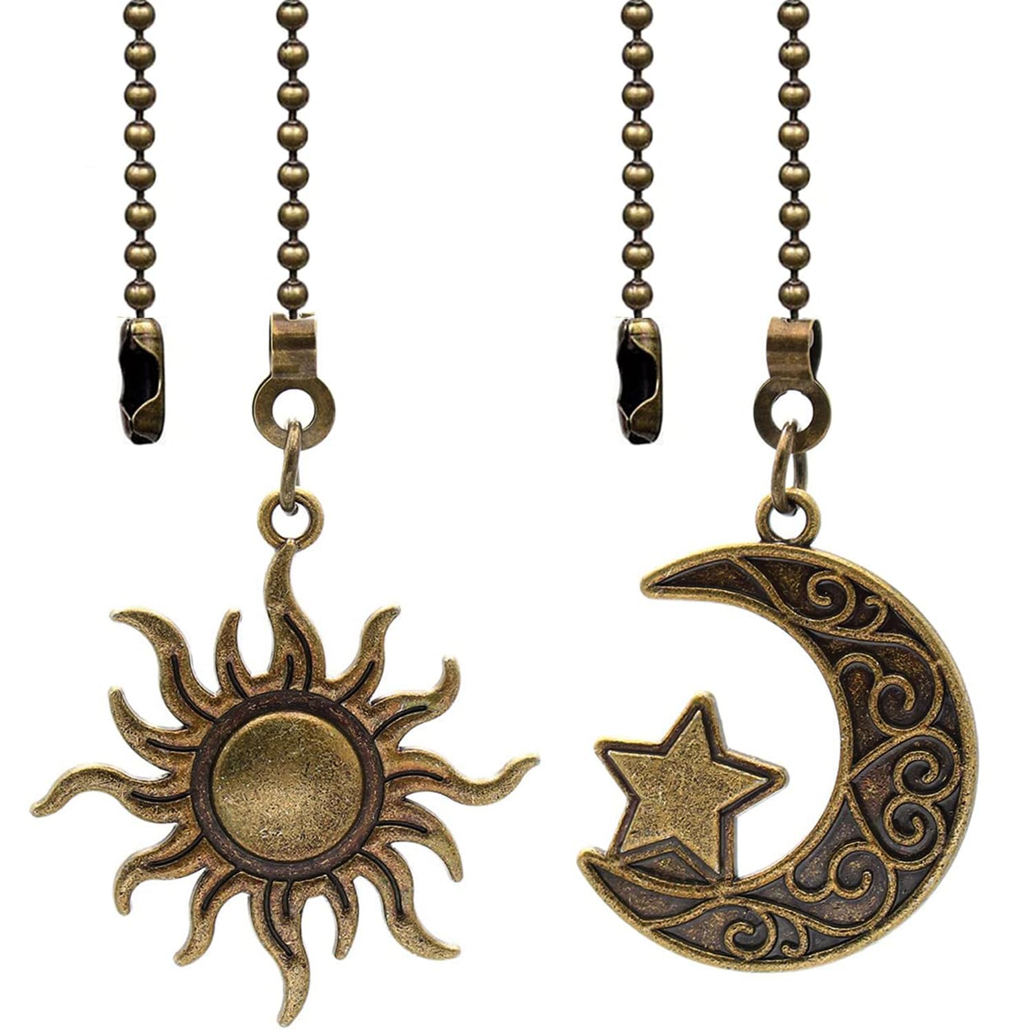2pcs Sun and moon pull chain extension for ceiling fans and lights, with Ball Chain Connector (Bronze)