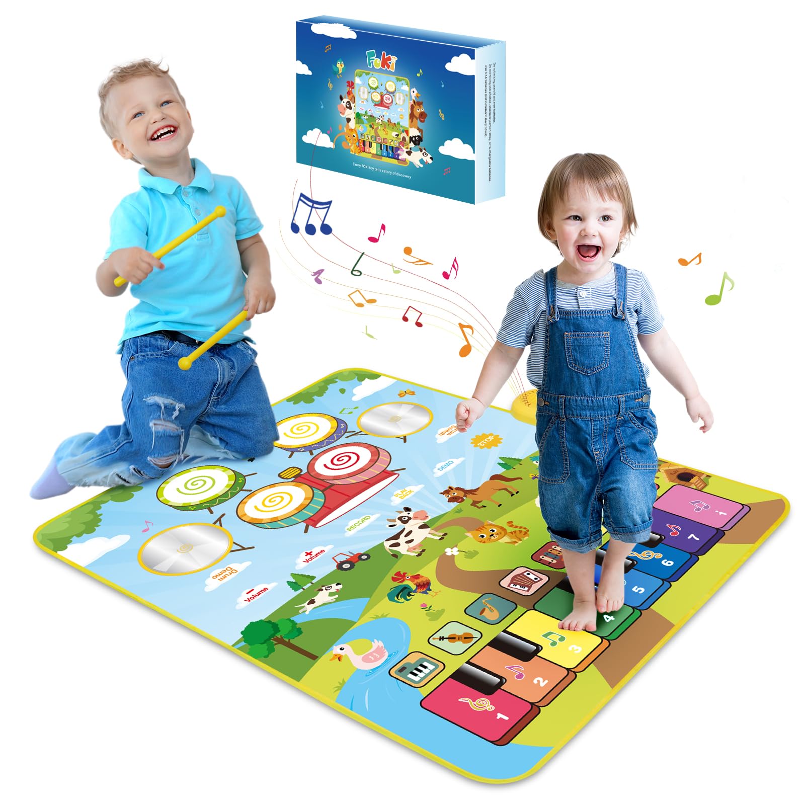 FOKI Piano Mats, 3-in-1 Animal Musical Play Mat with Piano & Drum for Montessori Sensory Early Educational Musical Learning Toys, Ideal Birthday Toy for Baby Girls, Boys, Toddlers, Ages 1-5 Years Old