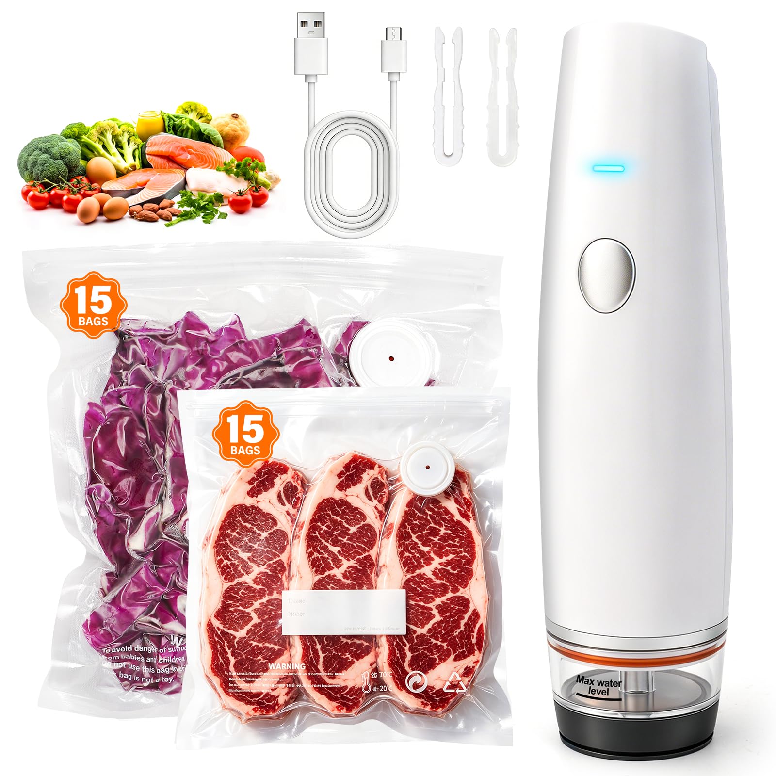 -80kPa Compact Vacuum Sealer for Food (Vacuum Sealer Machine + 30 Reusable Bags), 1200mAh Rechargeable Handheld Vacuum Sealer Machine Portable Mini Food Sealer for Sous Vide & Meal Prep-White