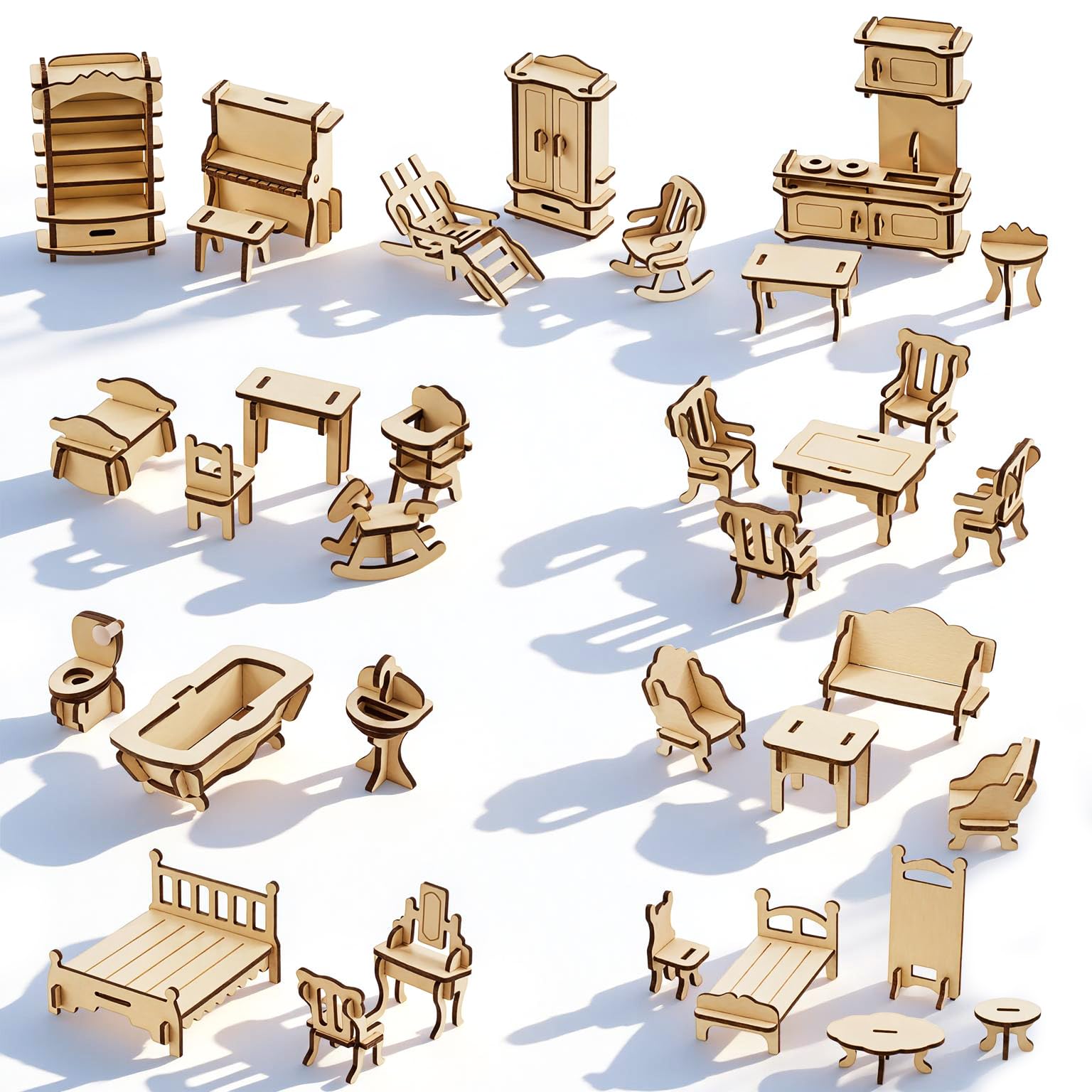 LOVEINUSA 34 PCS DIY Wooden Dollhouse Furniture Set, 1:24 Scale Miniature Room Accessories for Kitchen Living Room Bathroom for DIY Crafts Project