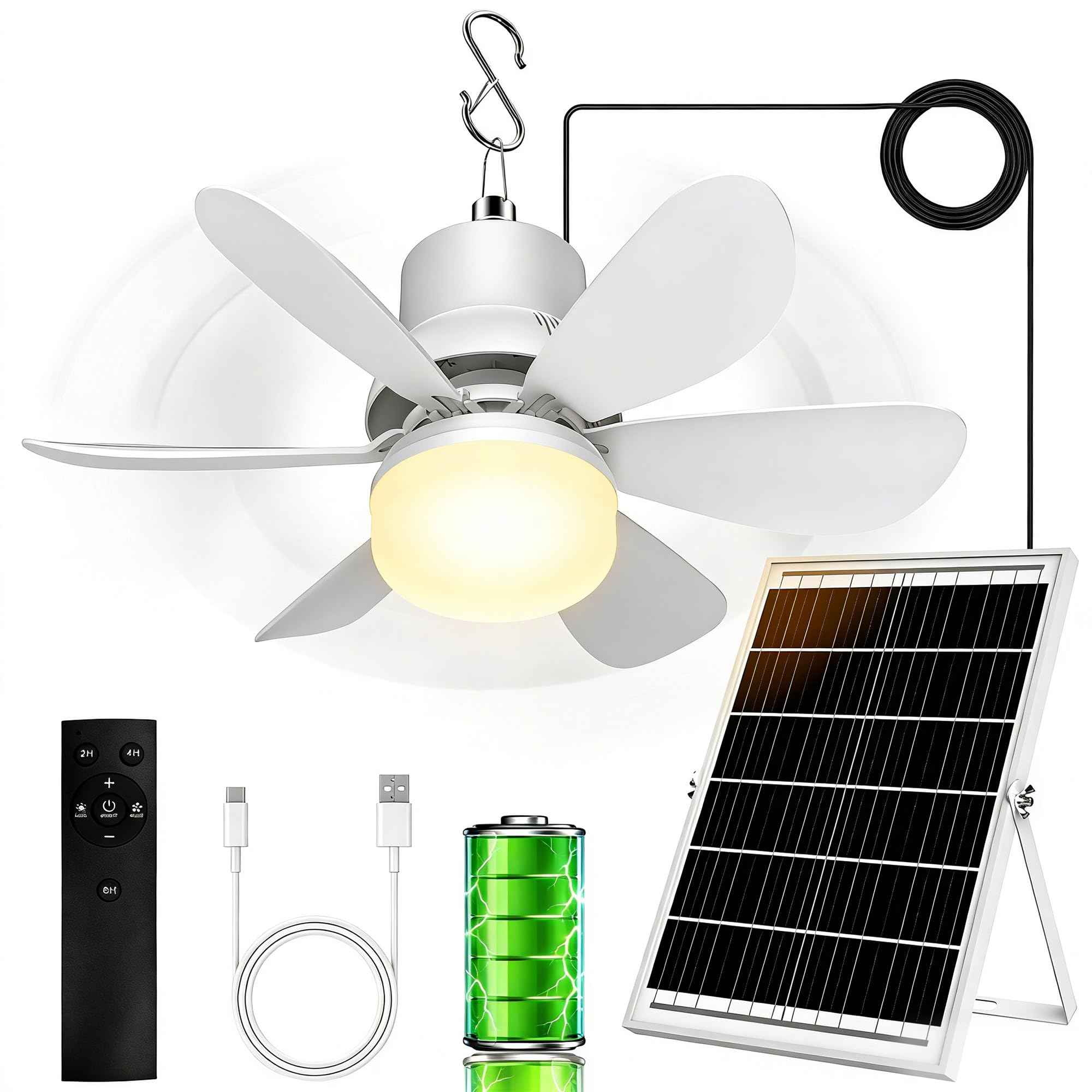 Solar Fan for Gazebo with Light, 18000mAh Rechargeable Solar Powered Patio Ceiling Fan with Remote, 17.5'' Portable Outdoor Hanging Fans for Pergola| Backyard| Camping| Tent| RV Canopy, IP54 Rated
