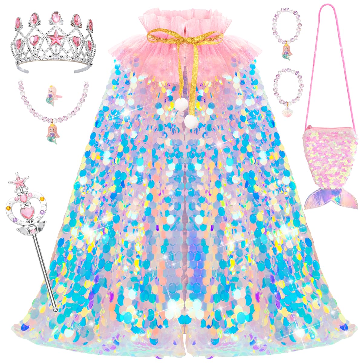 Meland Princess Dress Up for Girls 3-8, Mermaid Cape with Crown, Dress Up Clothes Birthday Gift Toys for Girls Toddlers