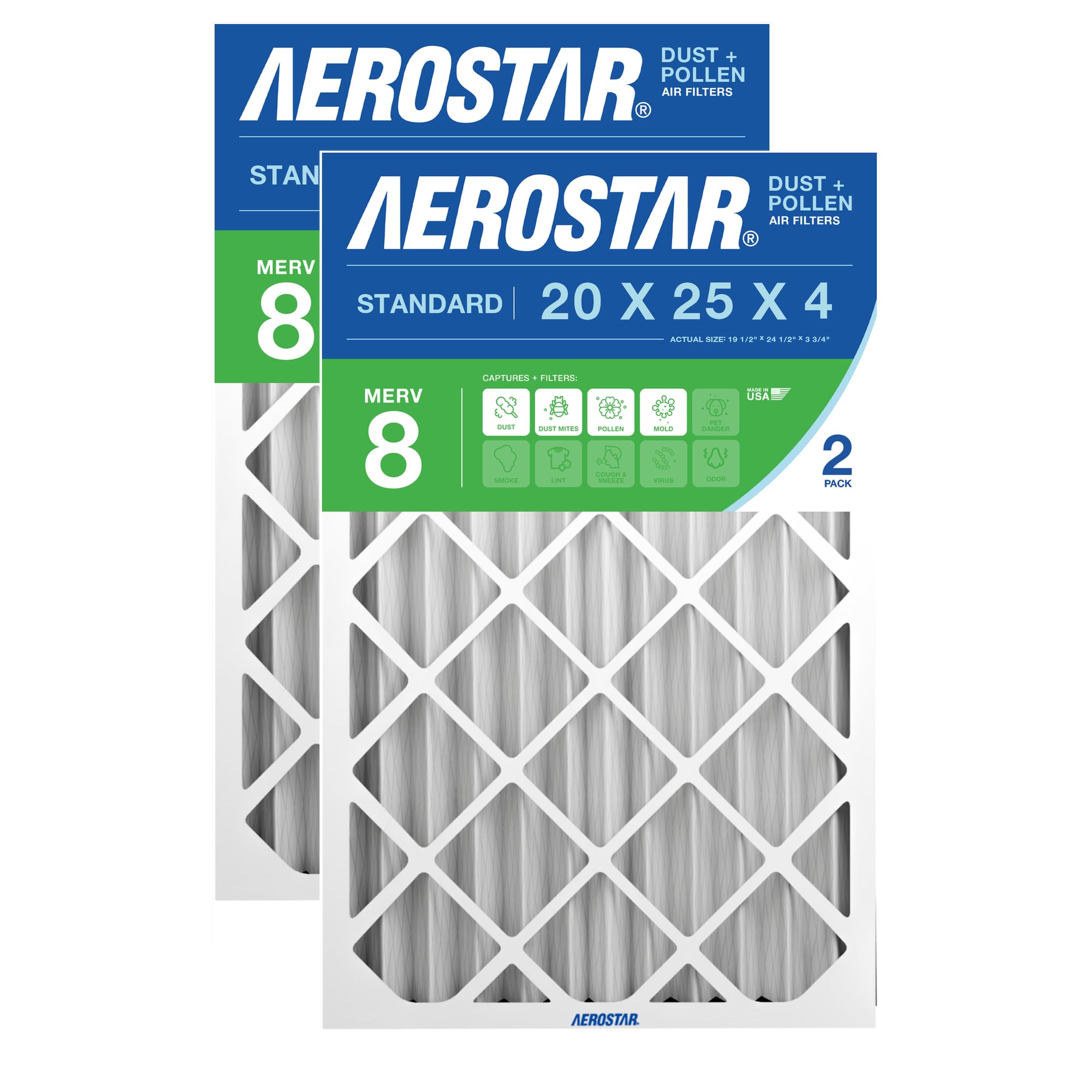 Aerostar 20x25x4 MERV 8 Air Filter, 2 Count, ACTUAL SIZE (19.50 x 24.50 x 3.75) HVAC, Furnace Filter for Allergies, Dust, Pet Dander & Smoke (MPR 1500 / FPR 10) Fits Lennox & Honeywell Devices