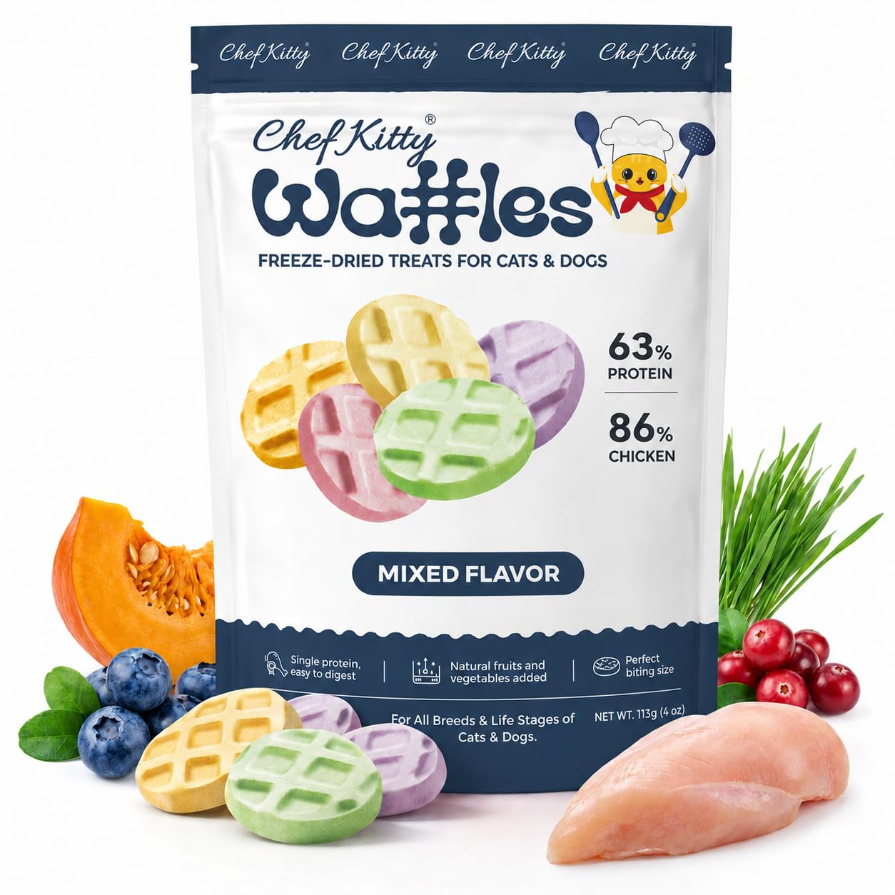Waffle Freeze Dried Chicken Cat Treats | Healthy Kitten Treats Inspected in USA | Human Grade Dog & Cat Food Toppers | Without Additives, 4 Flavors, 4.0 oz